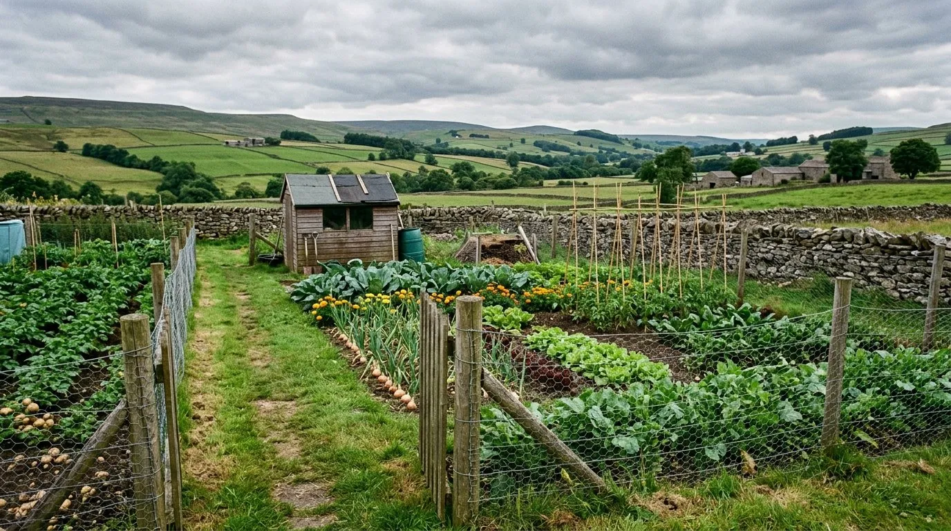 Allotment plot enclosed with low galvanised rabbit netting in a Yorkshire growing site