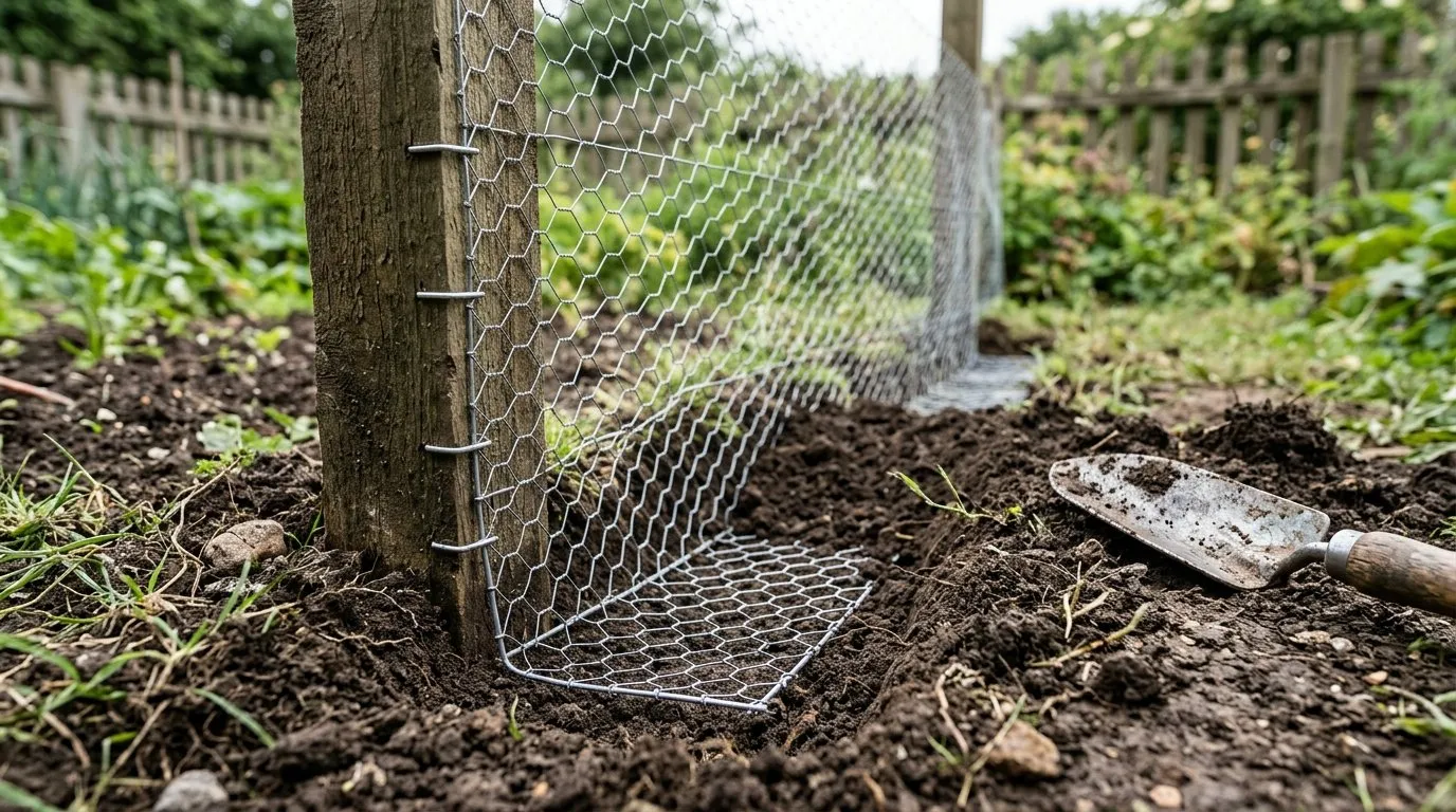 Cross-section detail of buried L-footer rabbit netting at the base of a timber post fence