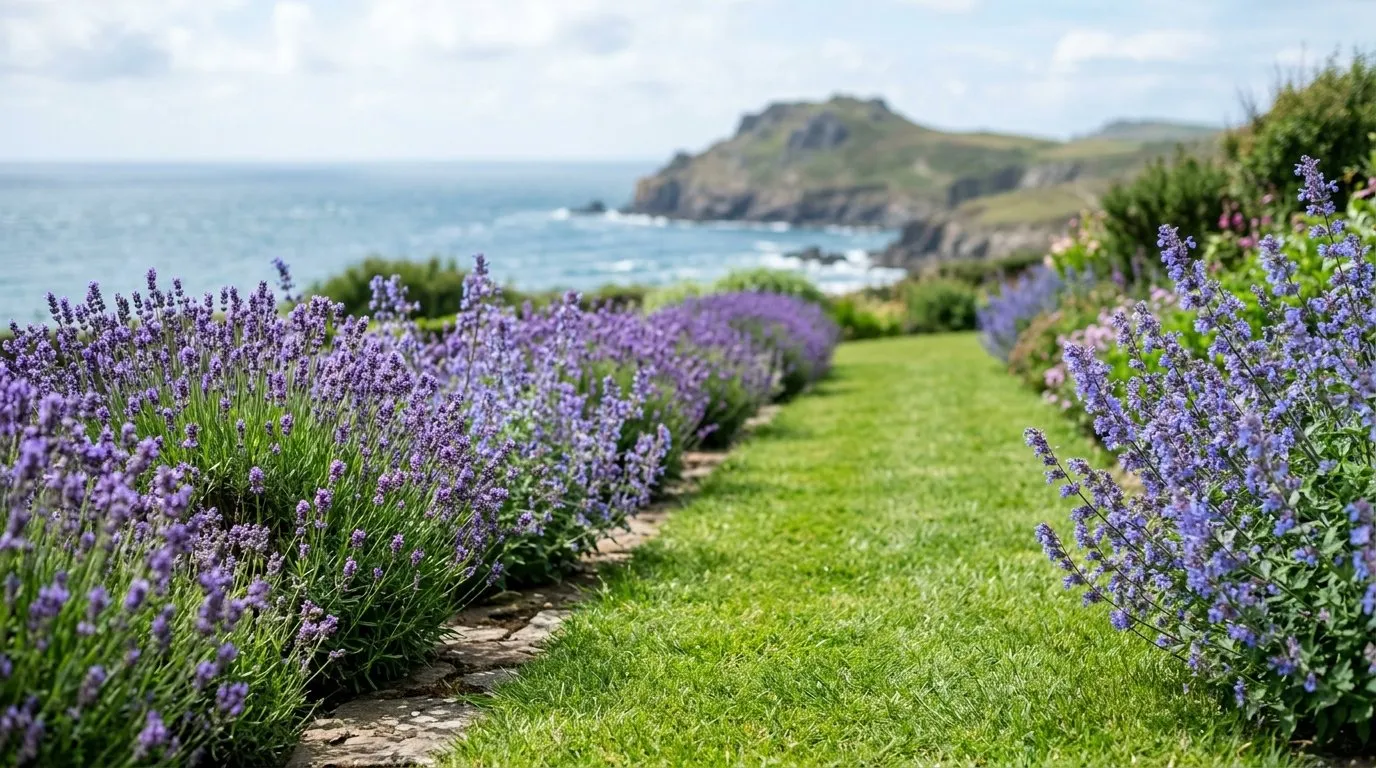 Lavender and catmint border edging a lawn in a coastal Welsh garden to deter rabbits