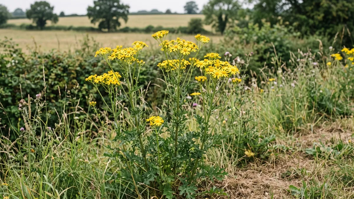 Common ragwort Jacobaea vulgaris with flat-topped clusters of bright yellow flowers in a UK field