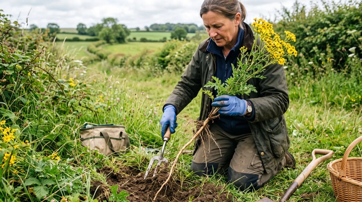 A person in gloves lifting common ragwort with its long taproot using a ragwort fork at a field margin