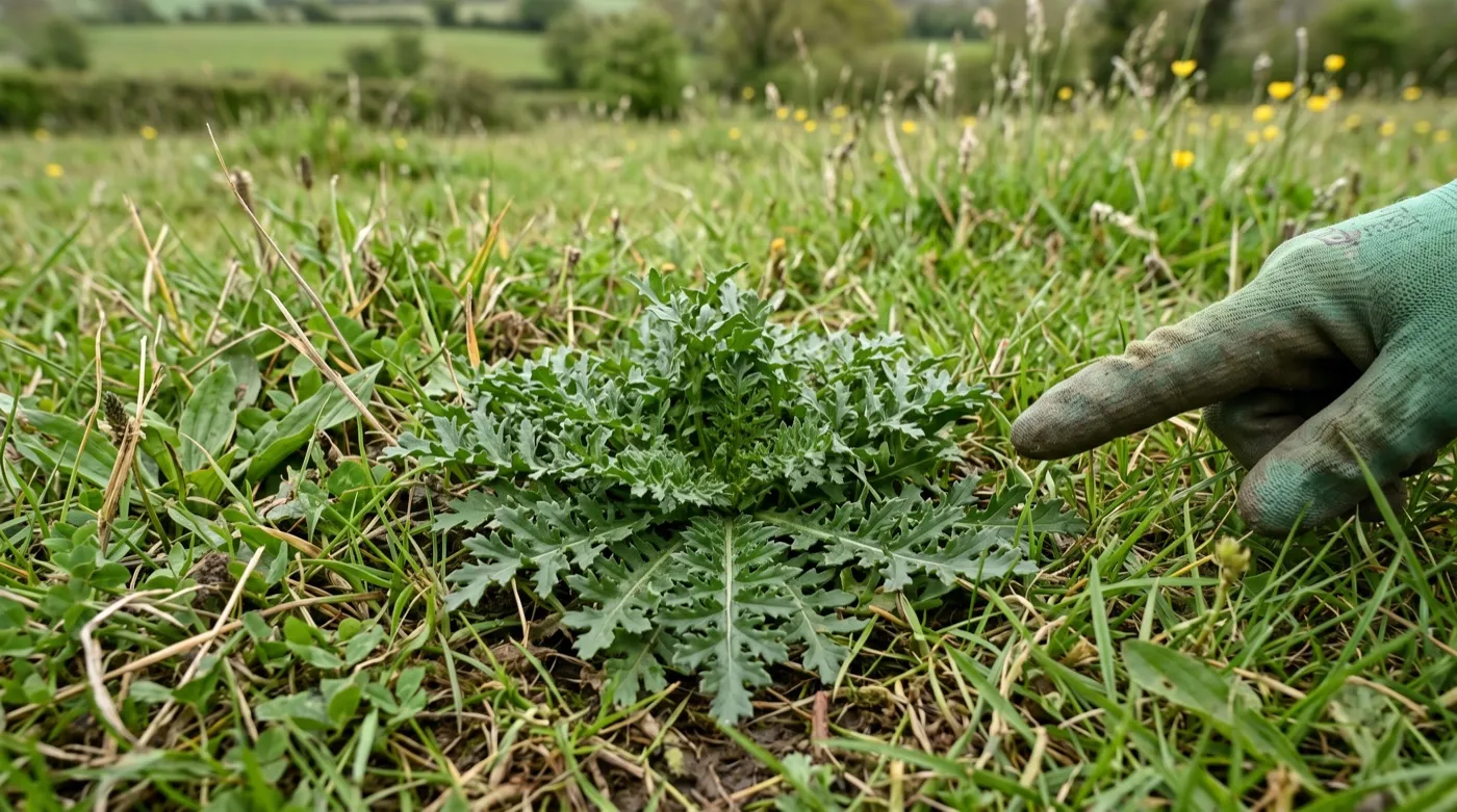 First-year common ragwort rosette with deeply lobed leaves growing in short grass