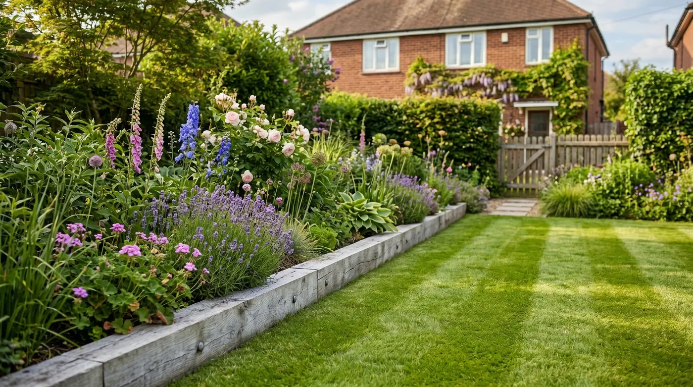New oak railway sleeper edging around a planted border in a UK back garden