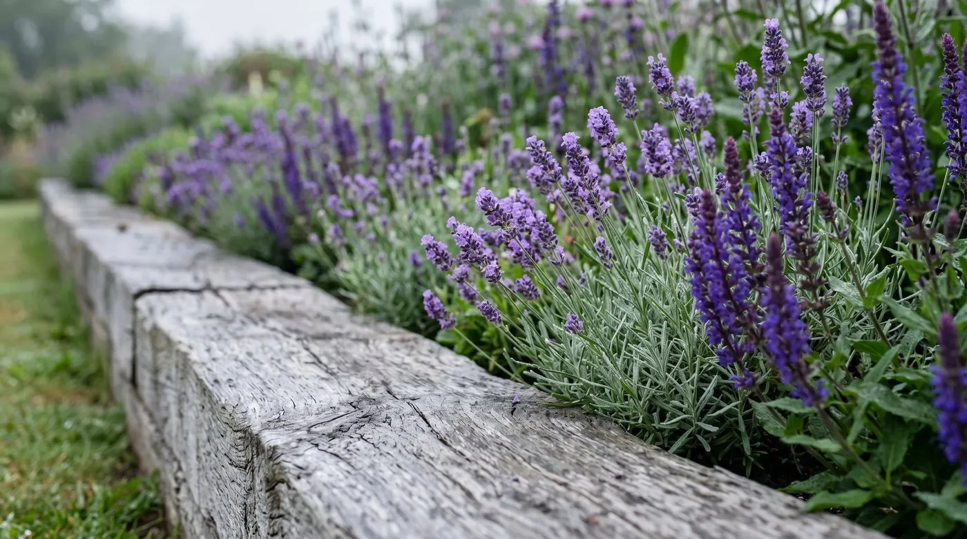 New oak railway sleeper edging weathering to silver-grey around a flower border