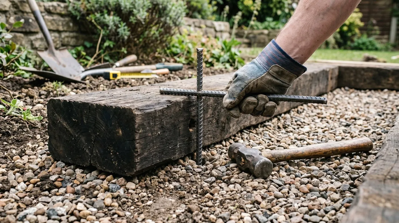 Steel rebar being driven through a railway sleeper to pin garden edging to the ground
