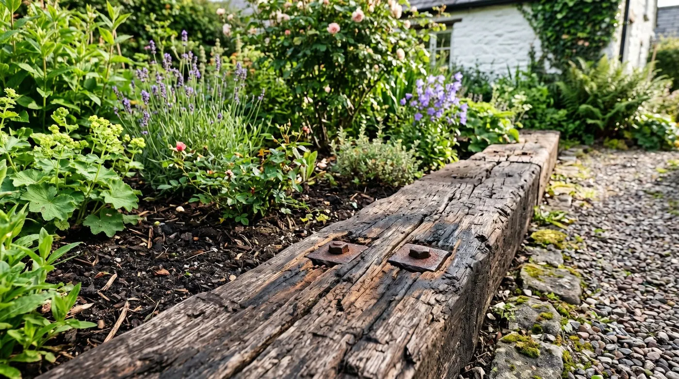 Weathered reclaimed railway sleeper showing old bolt holes and tar streaks used for an ornamental border
