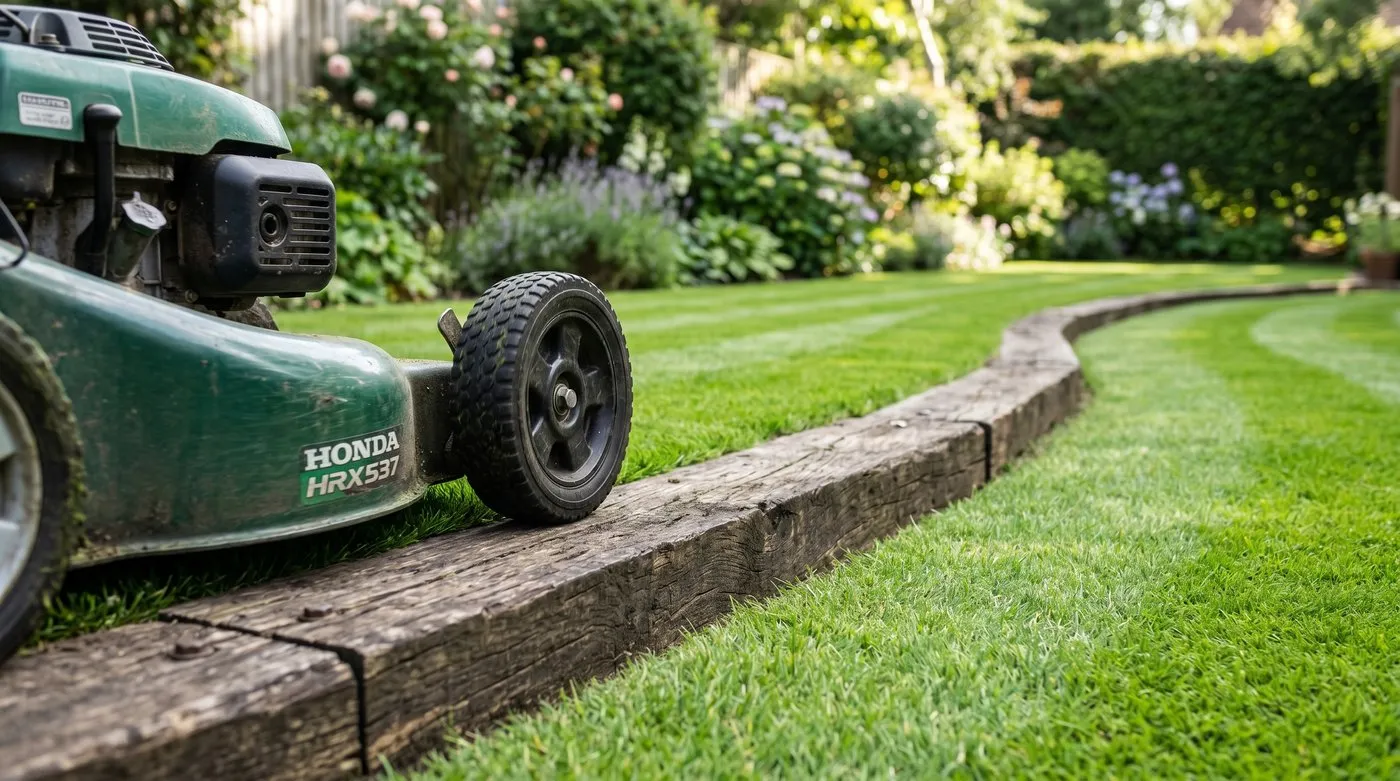 Railway sleepers laid flush with a lawn as a flat mowing strip in a suburban garden