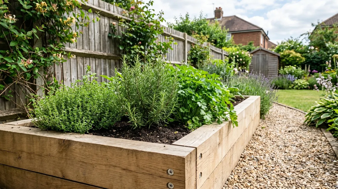 Single-course oak railway sleeper raised bed planted with herbs in a UK back garden