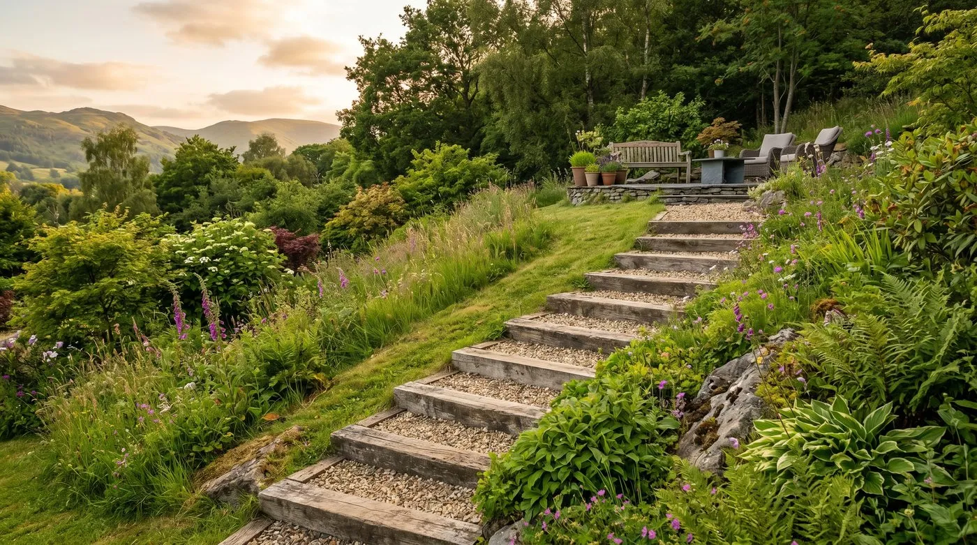 Railway sleeper garden steps set across a grassy slope with gravel treads
