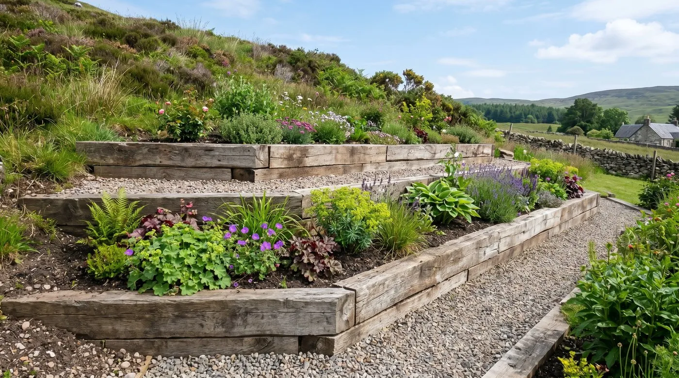Three-tier railway sleeper terraced beds holding back soil on a sloping UK garden