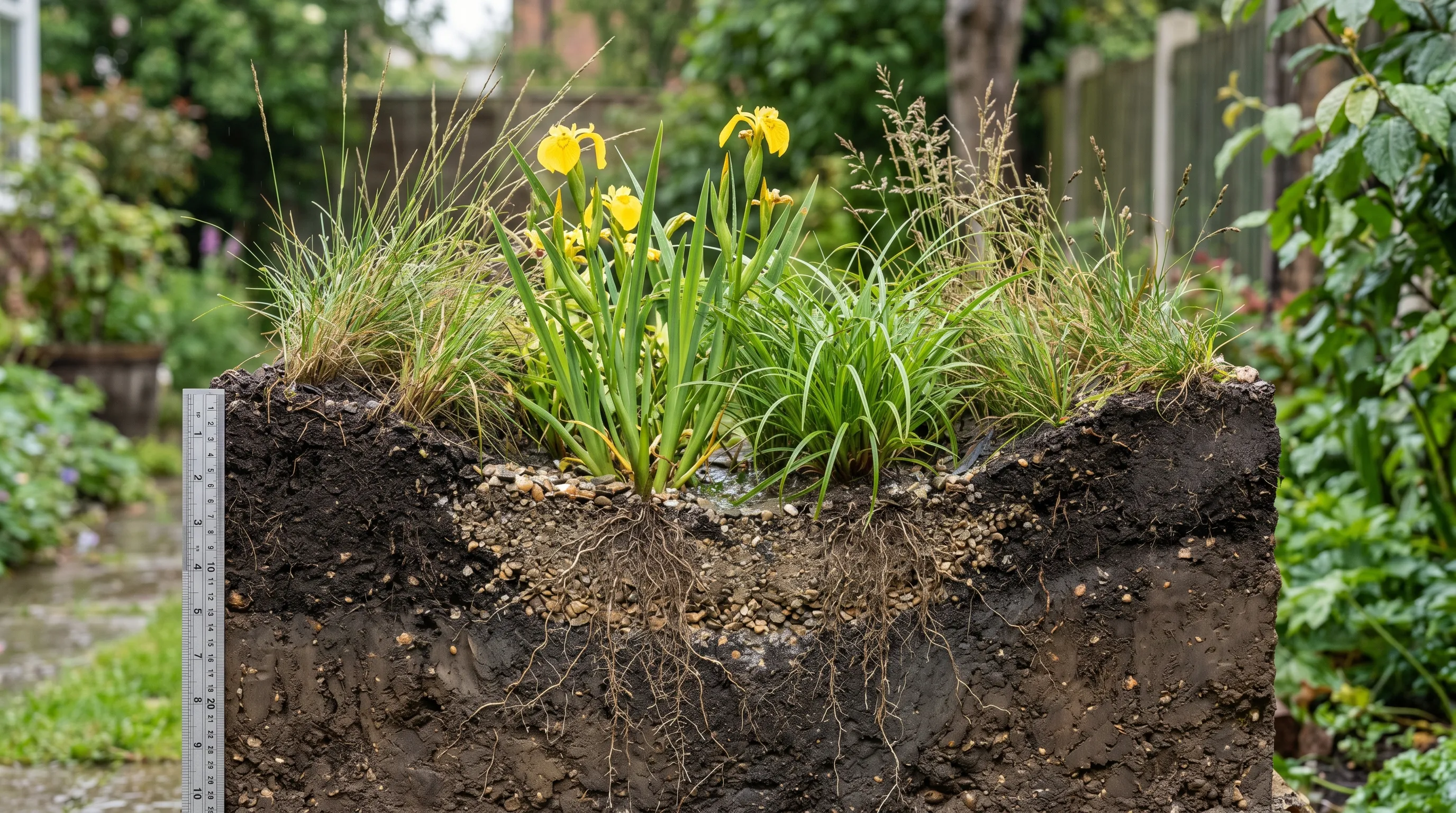 Technical cross-section illustration of a UK rain garden showing the 15cm basin depth, grit base, root channels in clay and the wet, mid and dry planting zones