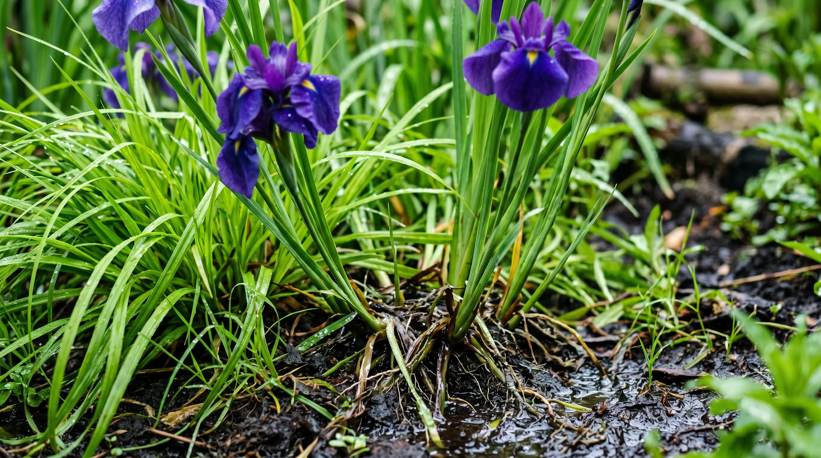Editorial close-up of blue Iris ensata and green Carex sedge growing in the saturated base of a UK rain garden