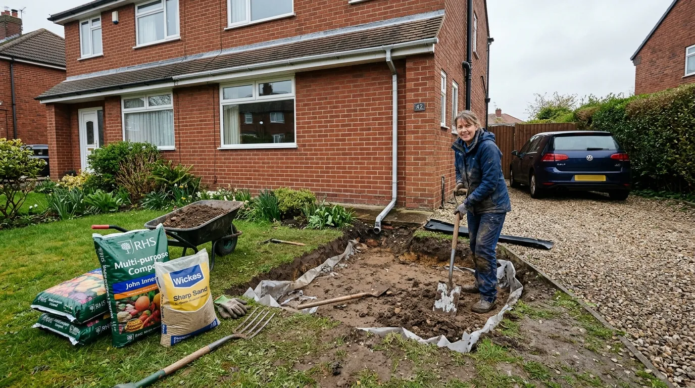 Rain garden UK site being excavated in a suburban front garden with measuring stakes and string lines