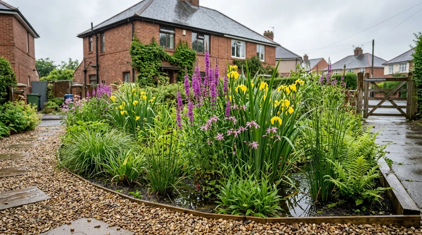 Rain garden UK planted with native wildflowers and ornamental grasses capturing rainwater in a suburban front garden