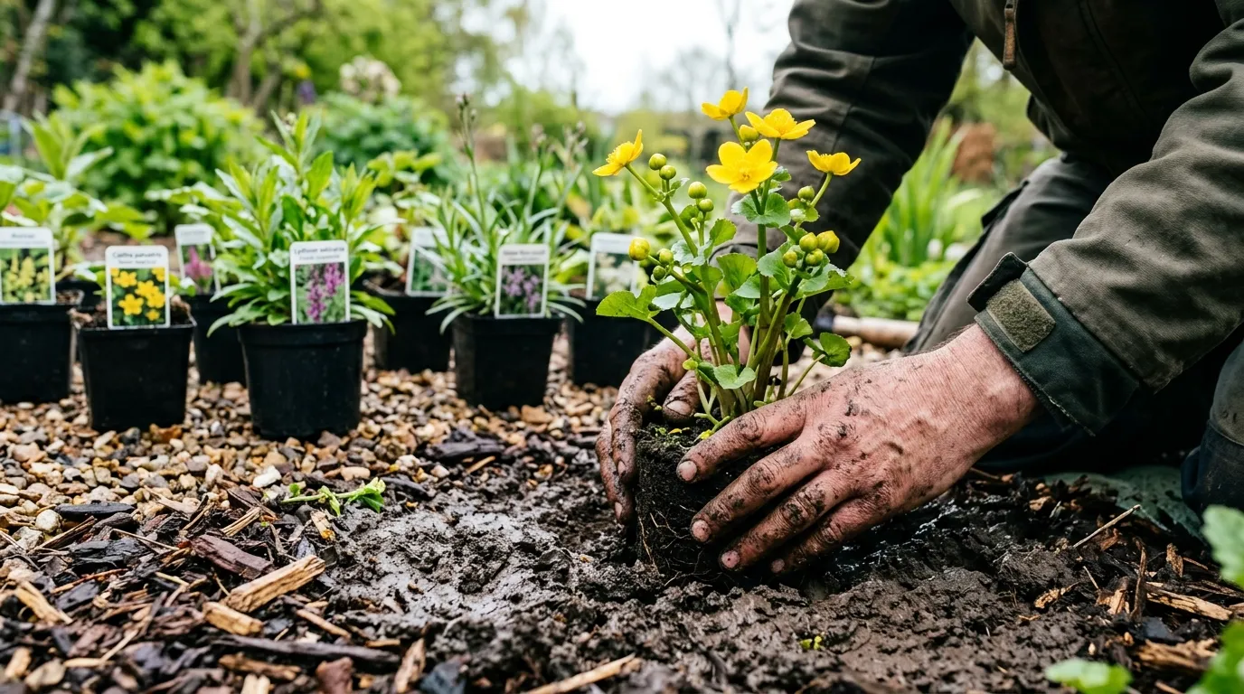 Rain garden UK planted with purple loosestrife, ragged robin, and marsh marigold in a suburban garden setting