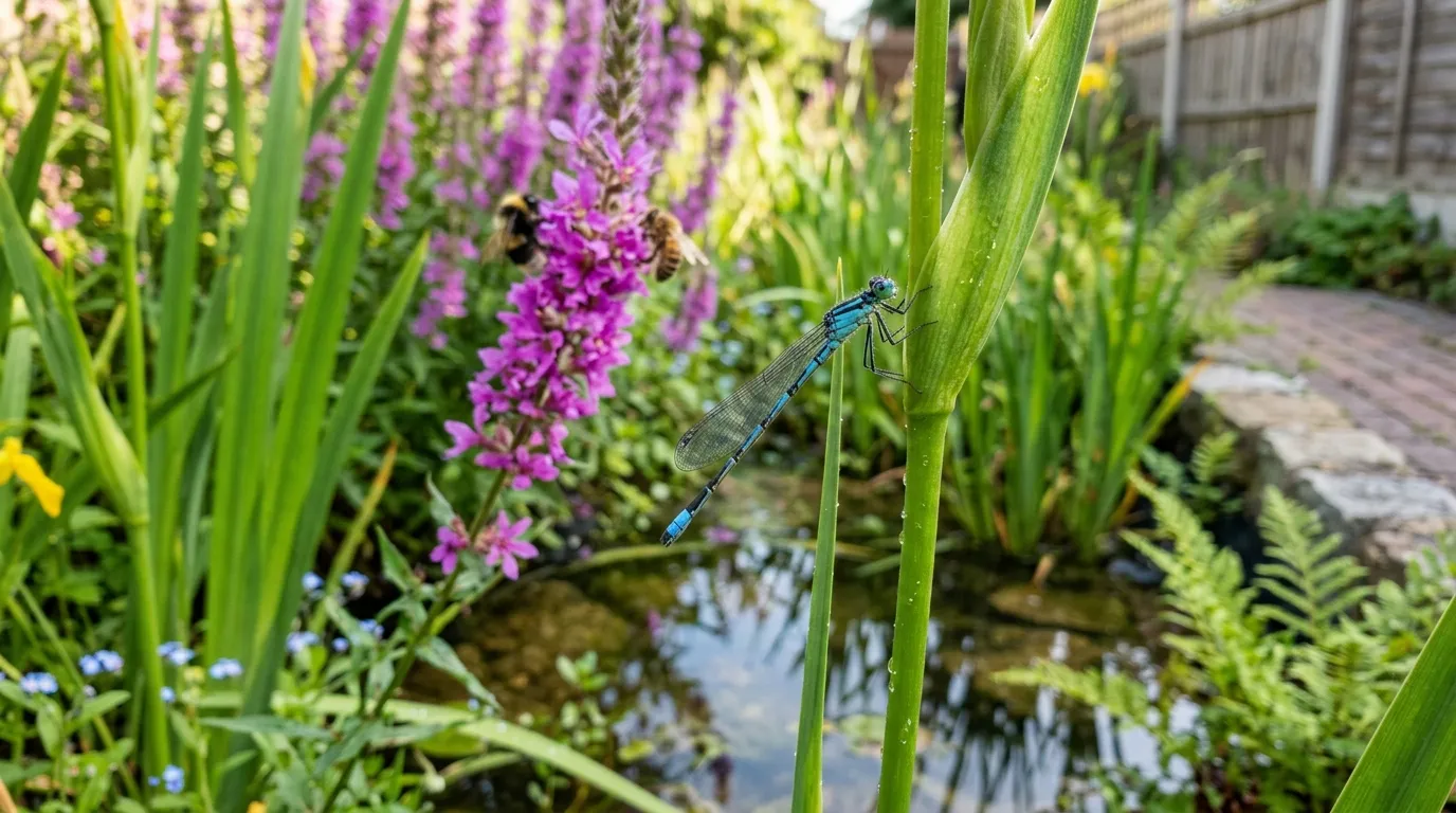 Rain garden UK in late summer with purple loosestrife, meadowsweet, and tufted hair grass attracting bees and butterflies