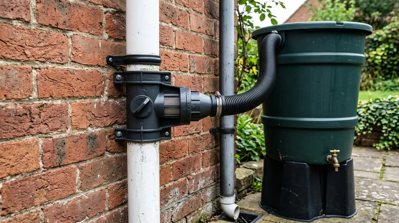 Rainwater harvesting diverter kit installed on a downpipe