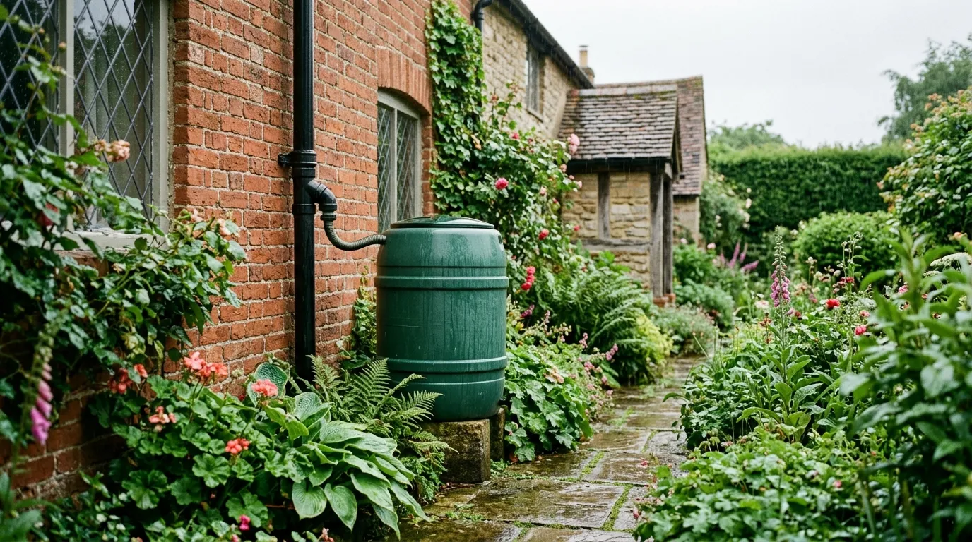 Rainwater harvesting water butt connected to a garden shed downpipe in a UK cottage garden
