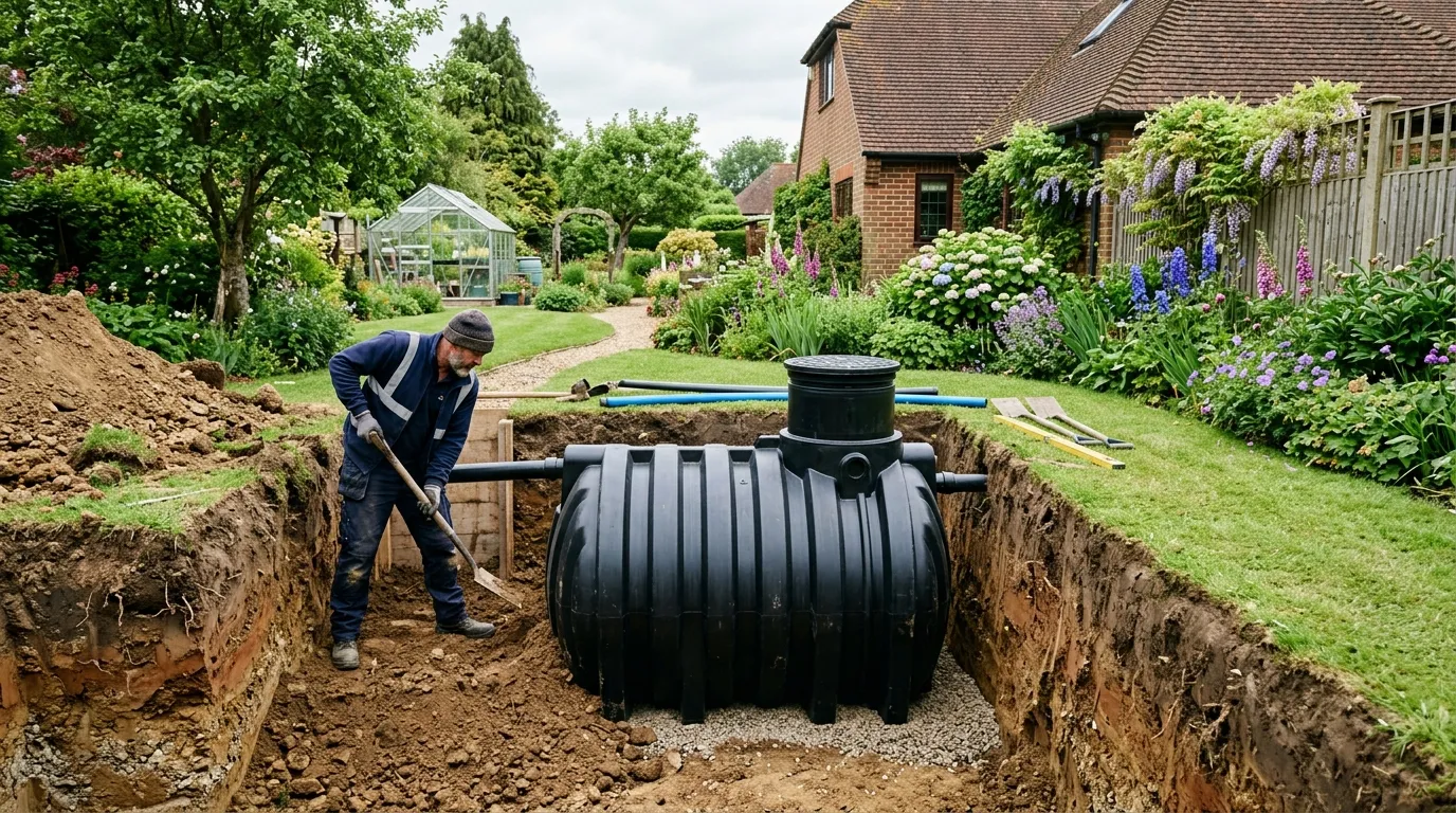 Underground rainwater harvesting tank being installed in a UK garden