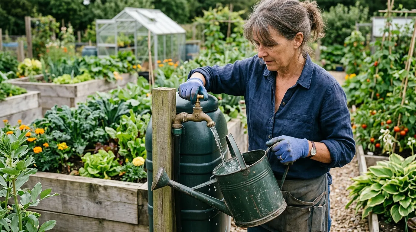 Rainwater harvesting water butt connected to a garden shed downpipe