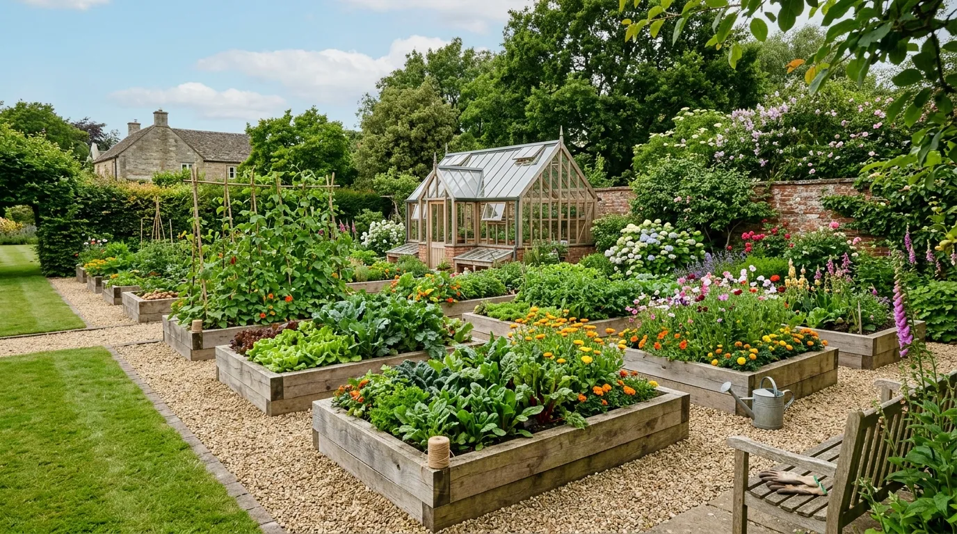 Raised bed garden design with timber beds planted with vegetables and flowers in a UK garden