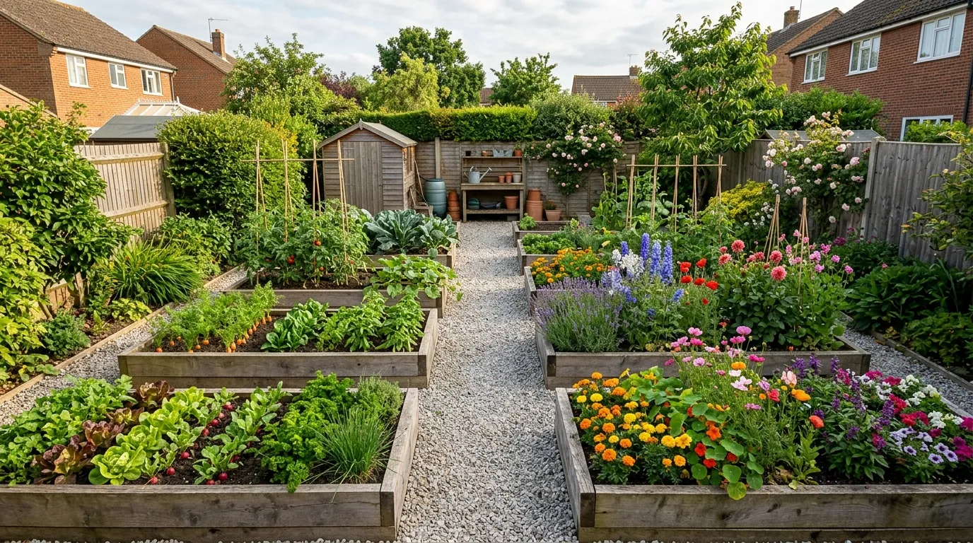 Raised bed layout plan for a medium UK garden showing 8 beds