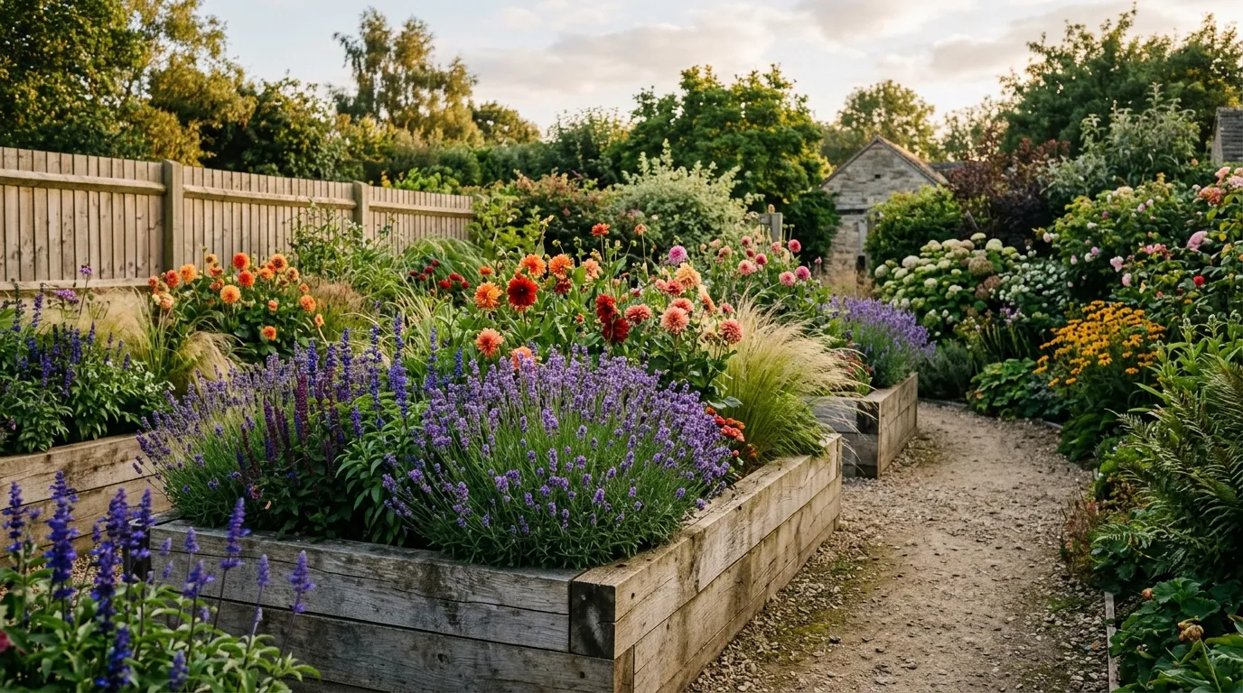 Ornamental raised beds with mixed perennials and grasses in a UK garden