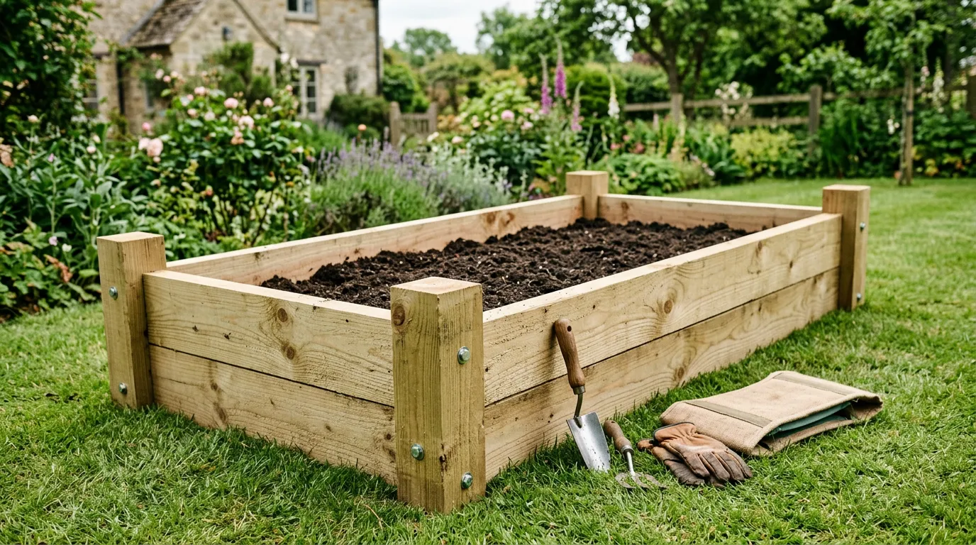 Newly built wooden raised bed on a lawn with corner posts visible and fresh timber colour