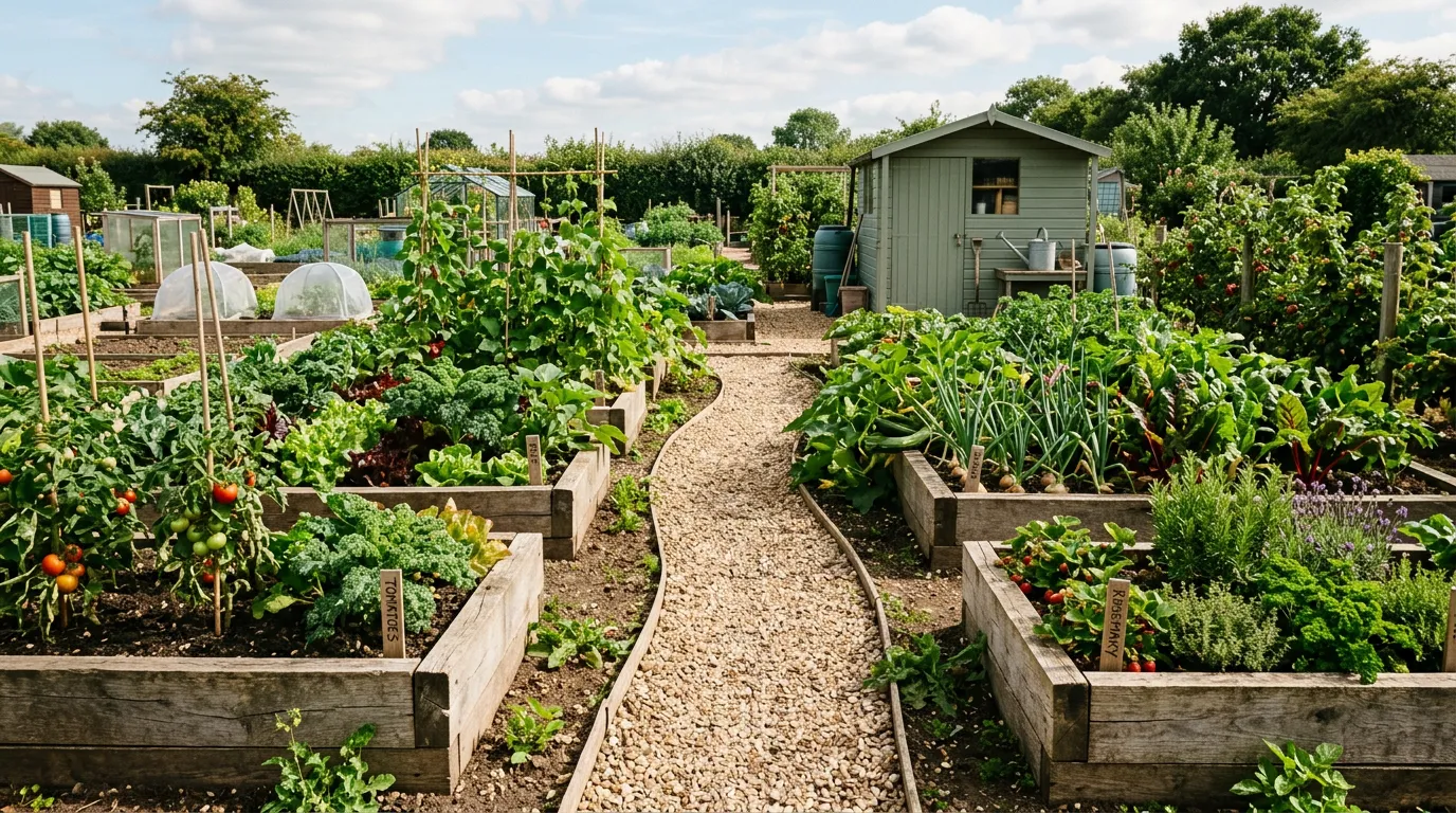 Wooden raised beds filled with vegetables and herbs in a sunny UK garden with a gravel path between them
