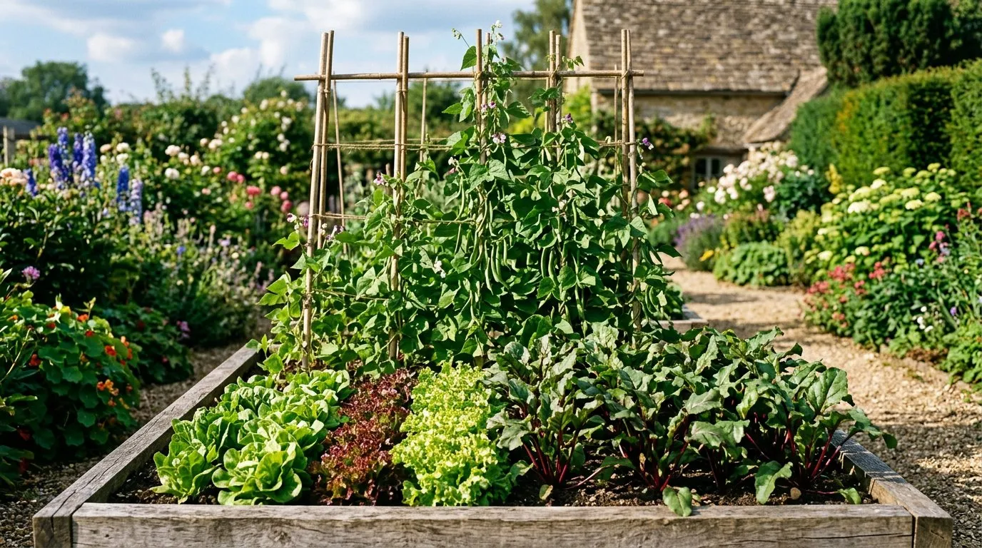 Raised bed planted with rows of lettuce, beetroot, and climbing beans on a wigwam in summer sunlight