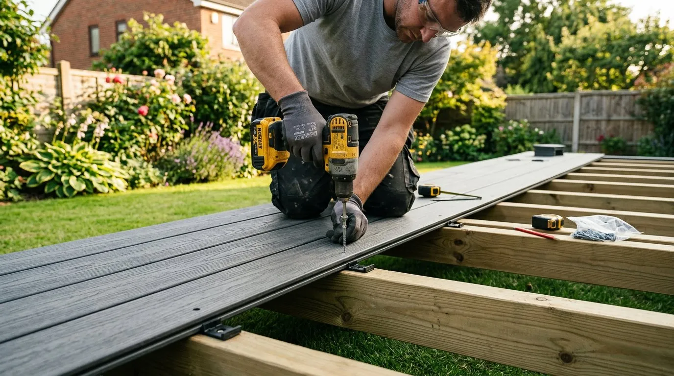 Decking boards being screwed to joists on a raised deck frame with stainless steel screws and spacing clips