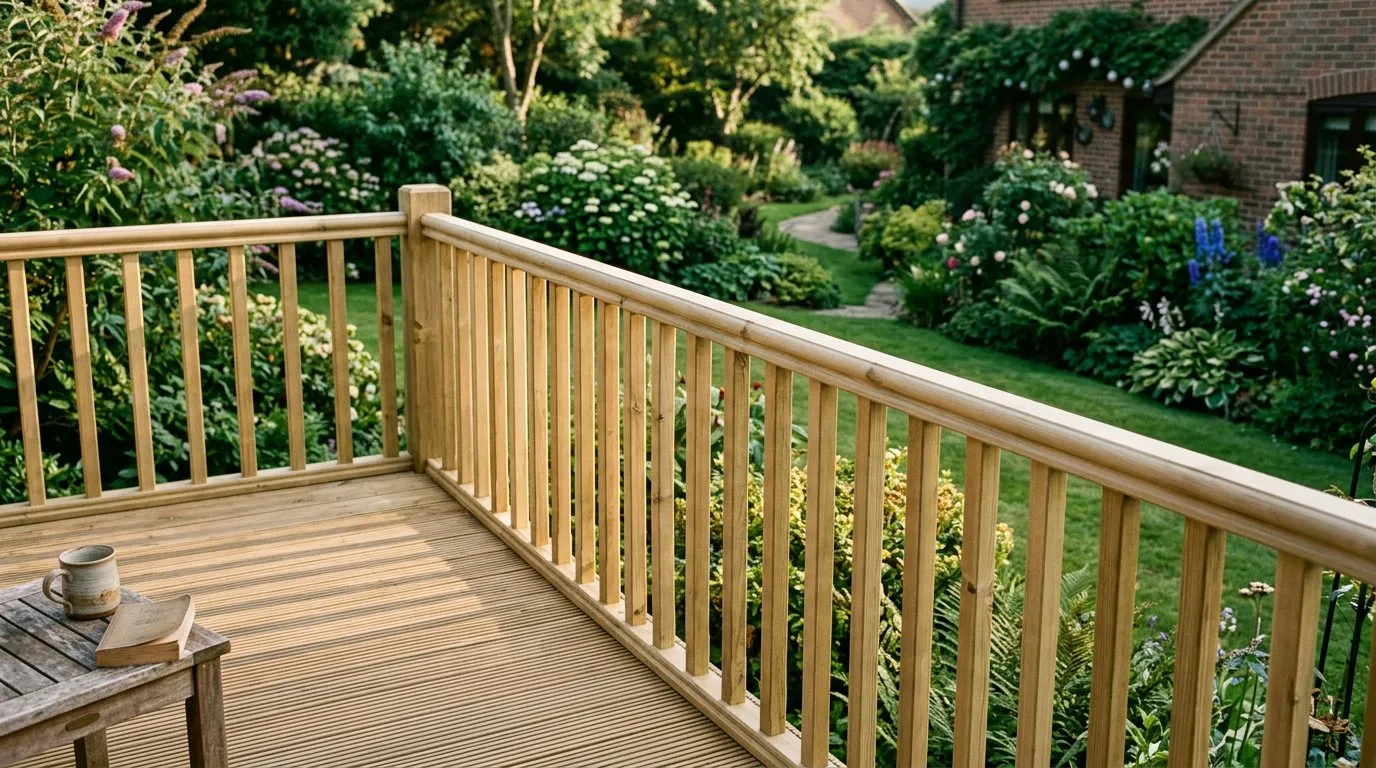 Timber balustrade and handrail on a raised deck with vertical spindles and a capped top rail overlooking a garden