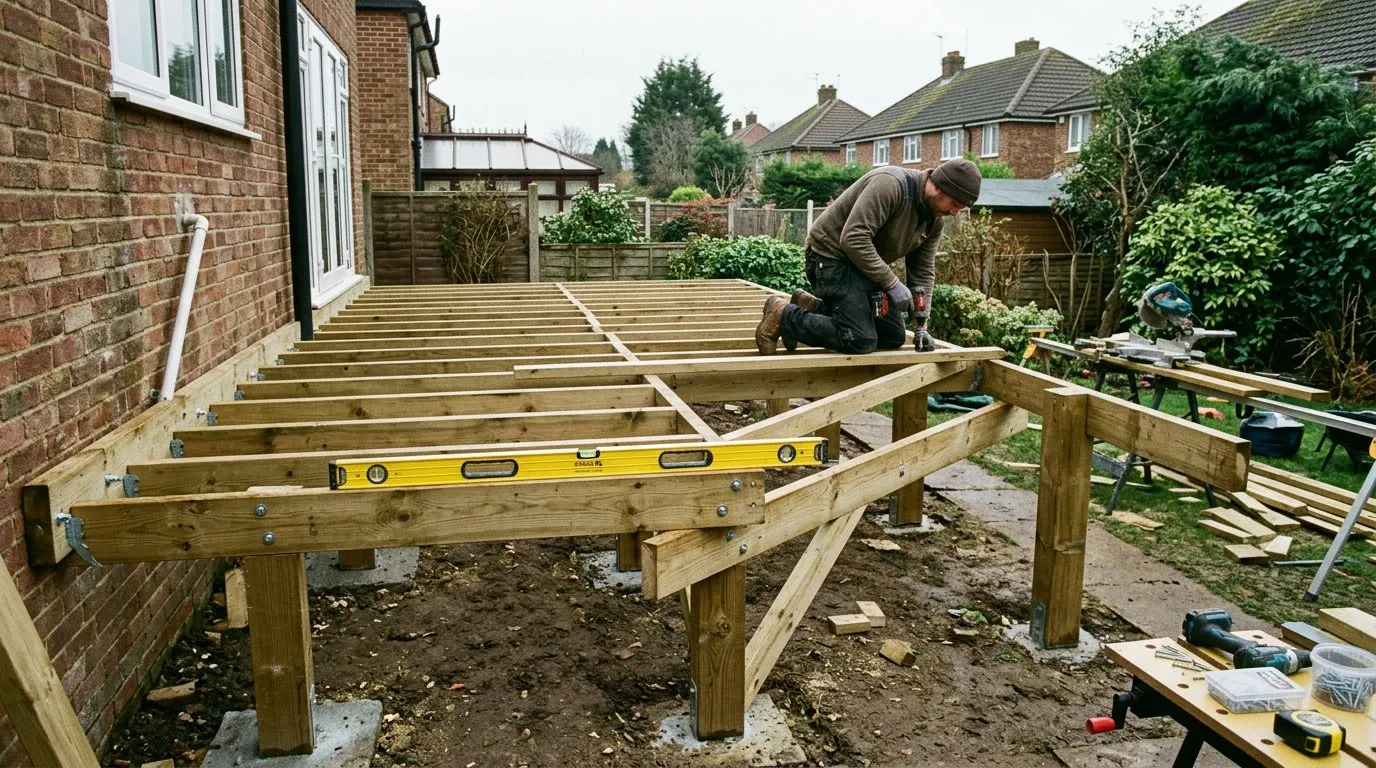 Raised deck subframe under construction showing post and joist framework with diagonal bracing on concrete pad foundations