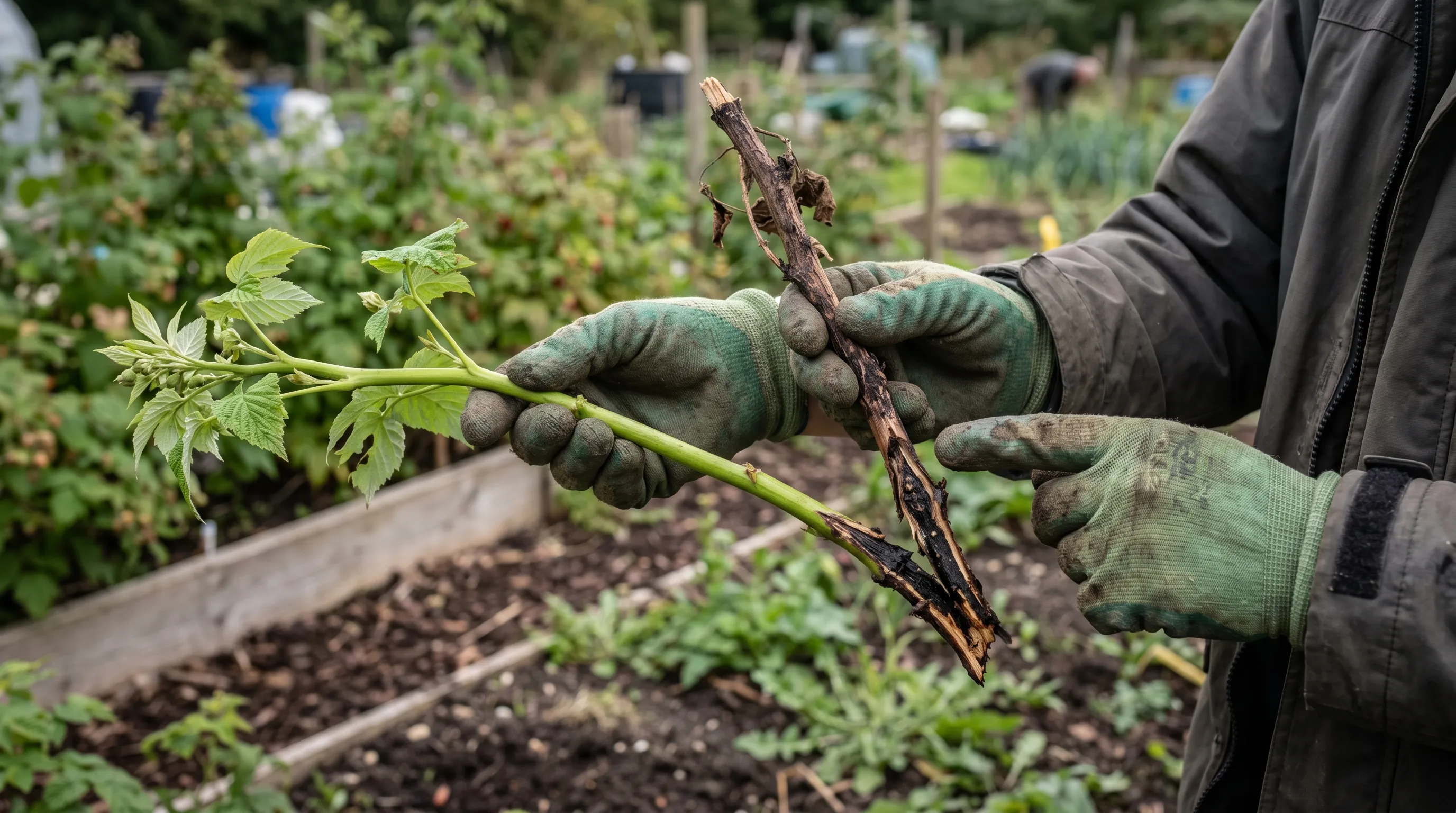Comparison of a healthy green raspberry cane beside a dark, blight-affected cane snapped at the base