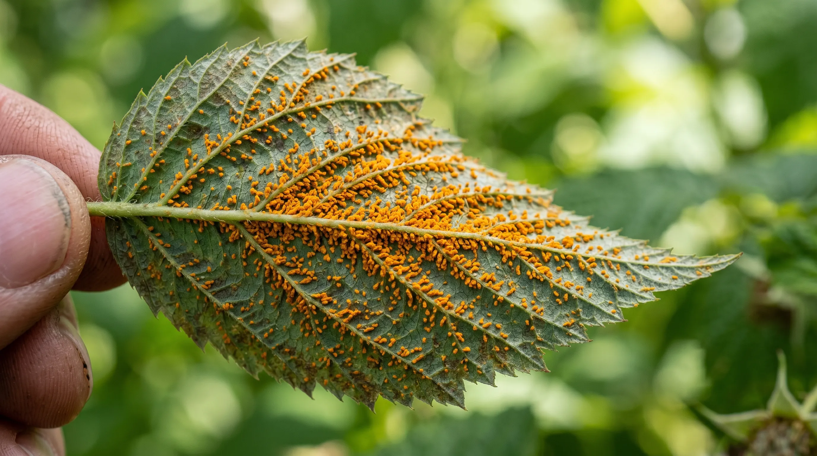 Underside of a raspberry leaf covered in bright orange rust pustules, a sign of raspberry rust