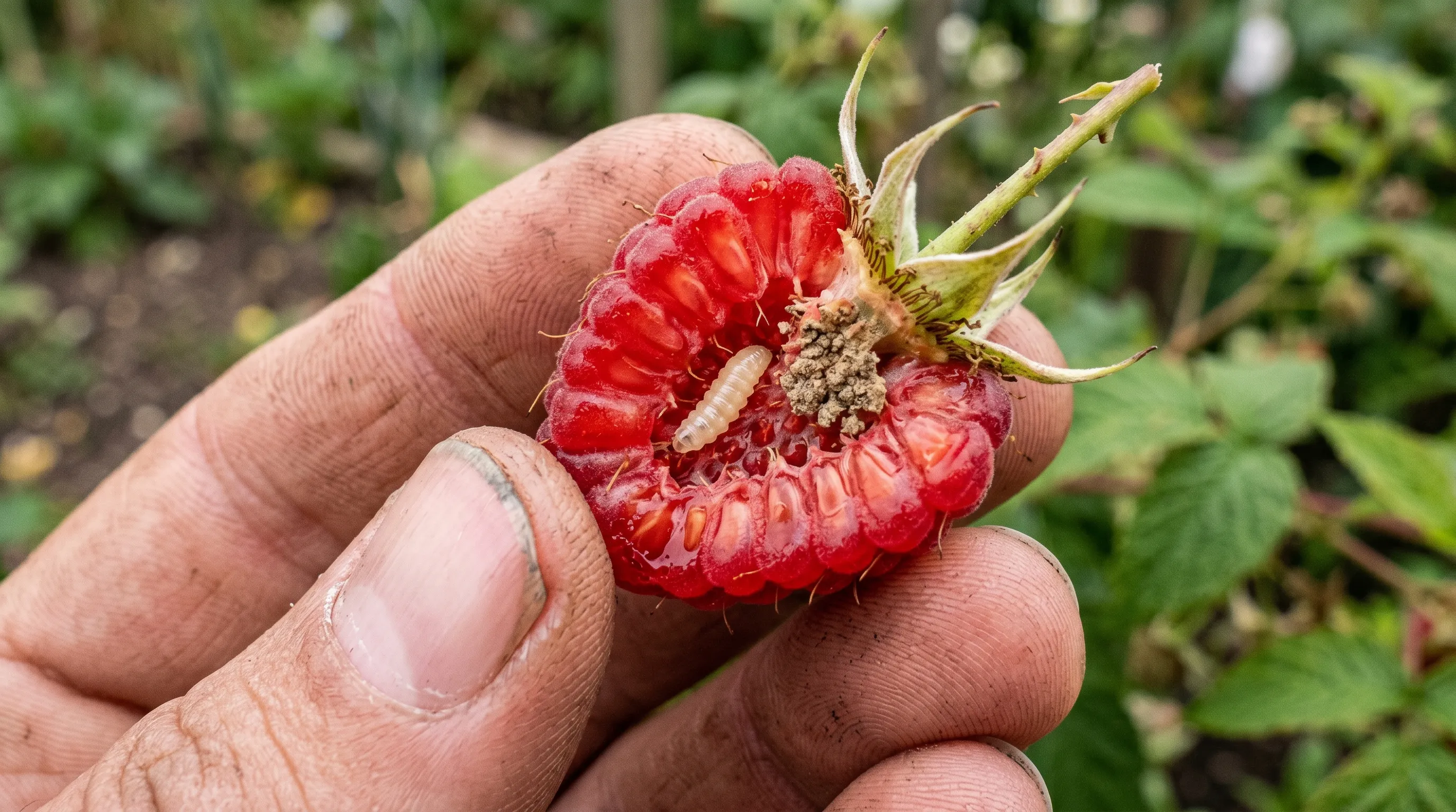 Ripe raspberry split open to reveal a cream raspberry beetle maggot inside near the stalk end