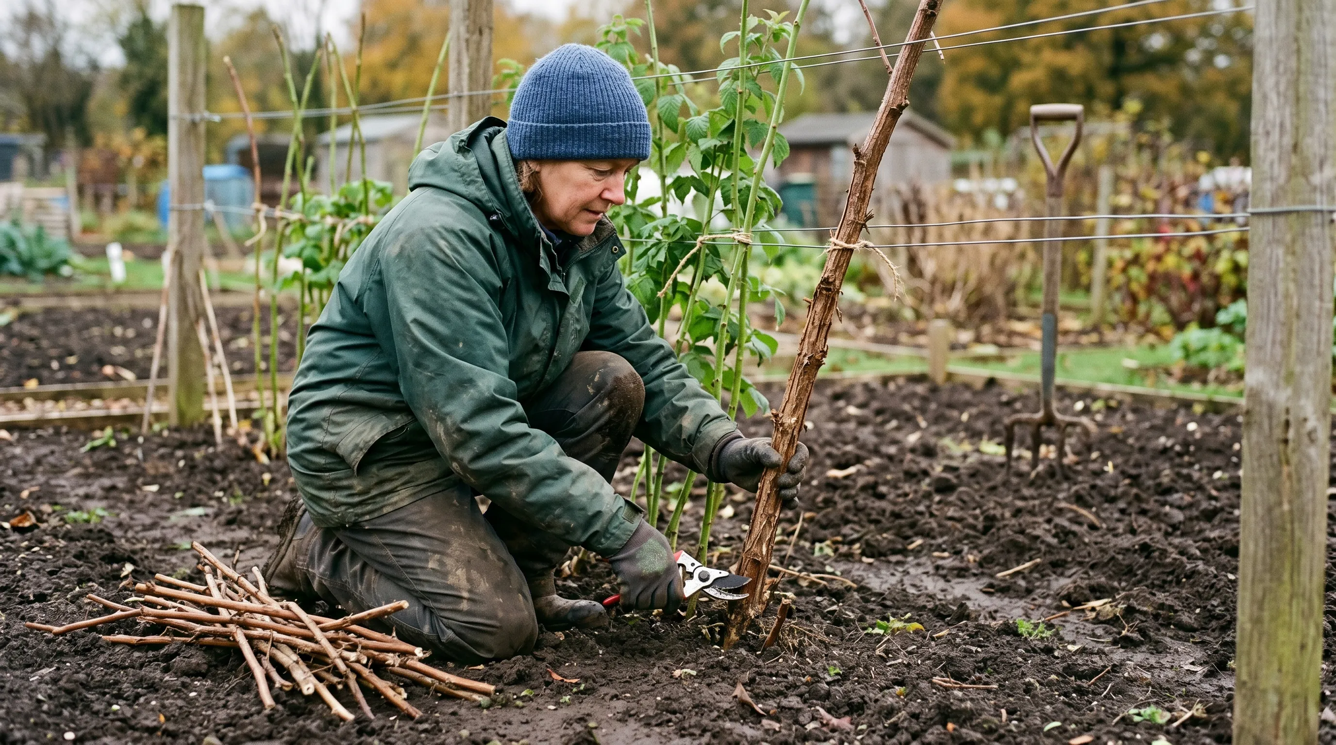 Gardener cutting an old brown fruited raspberry cane to ground level with secateurs, fresh green canes tied behind