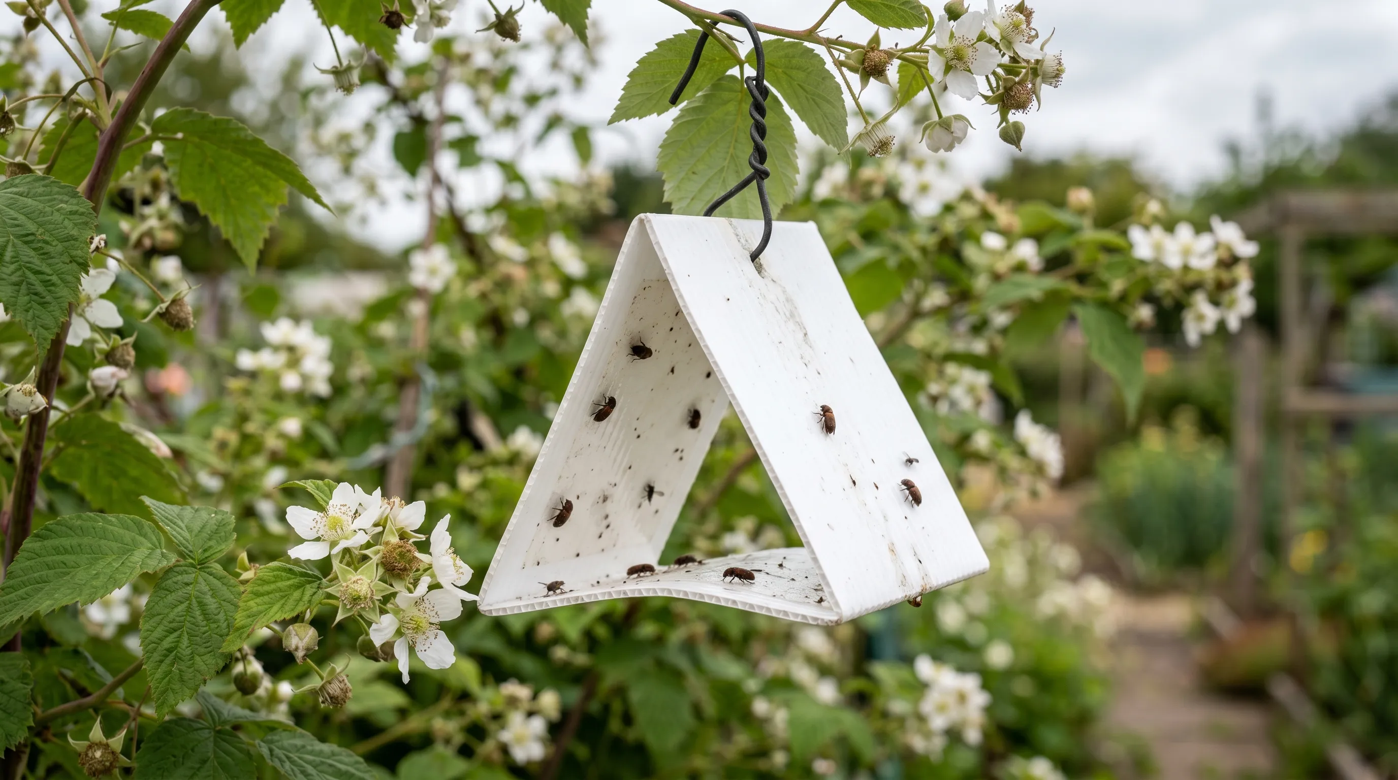 White delta pheromone trap hanging in a flowering raspberry row to catch raspberry beetle adults
