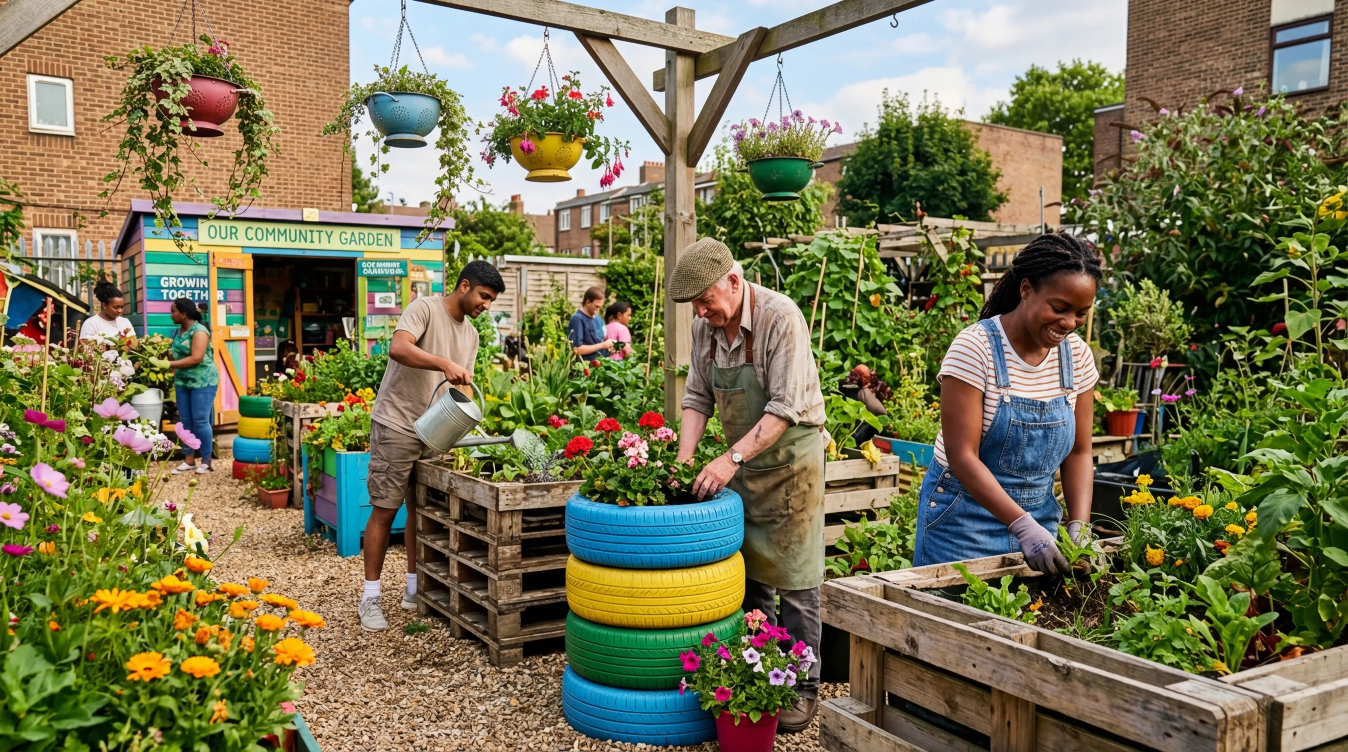 Recycled garden projects UK showing upcycled pallet planters and painted tyre planters in a community garden