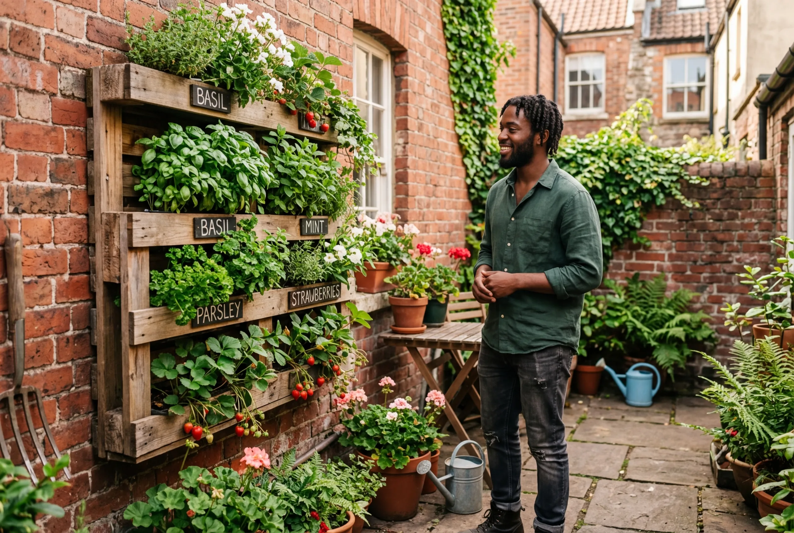 Recycled pallet vertical garden mounted on a brick wall in a UK city courtyard planted with herbs and strawberries
