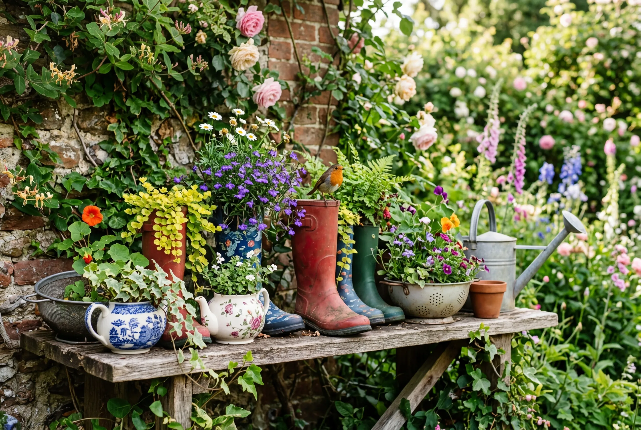 Recycled quirky planters made from old wellies, teapots, and colanders on a cottage garden shelf with trailing plants