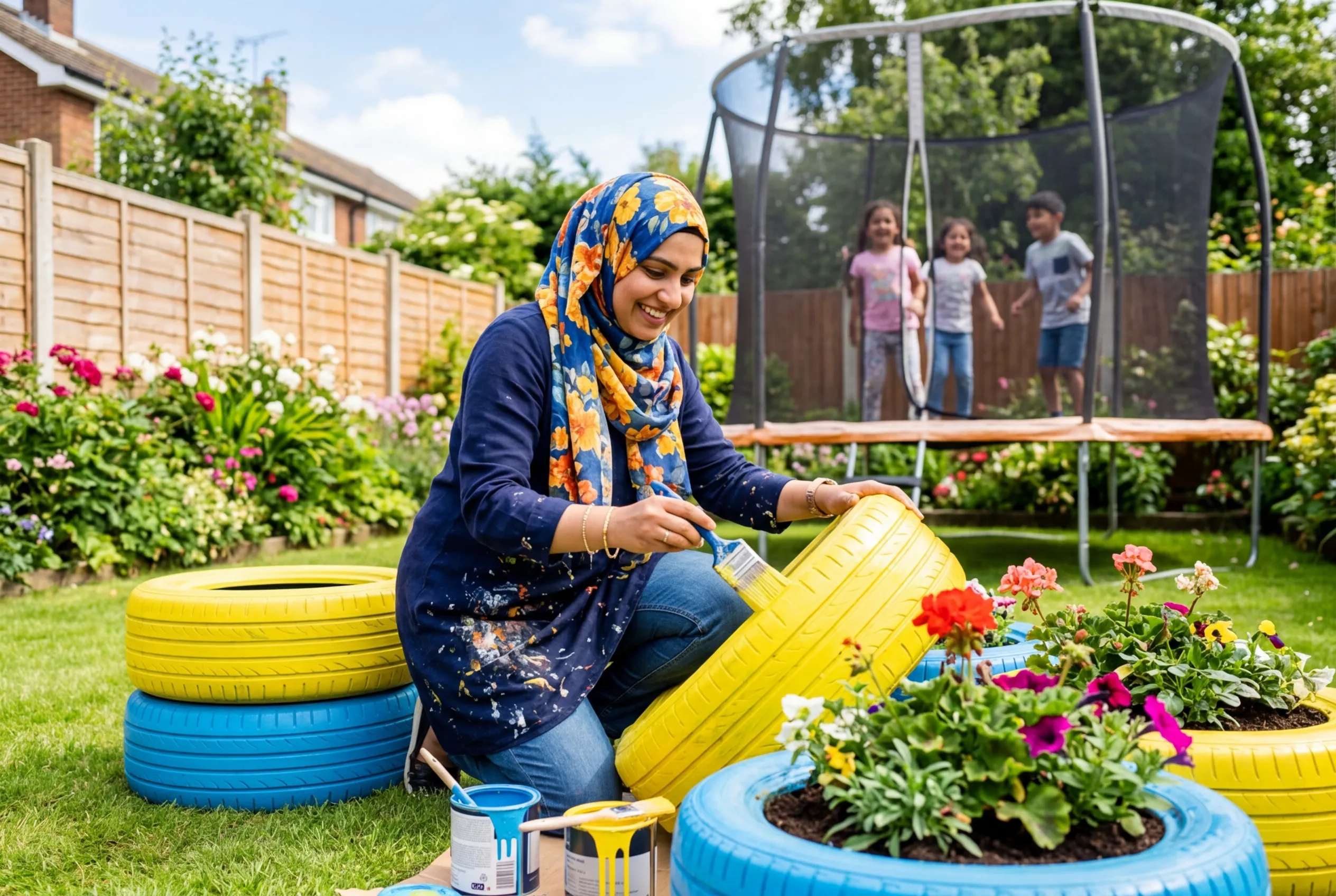 Recycled tyre planters painted in bright colours in a UK suburban garden with a woman painting tyres for garden planters