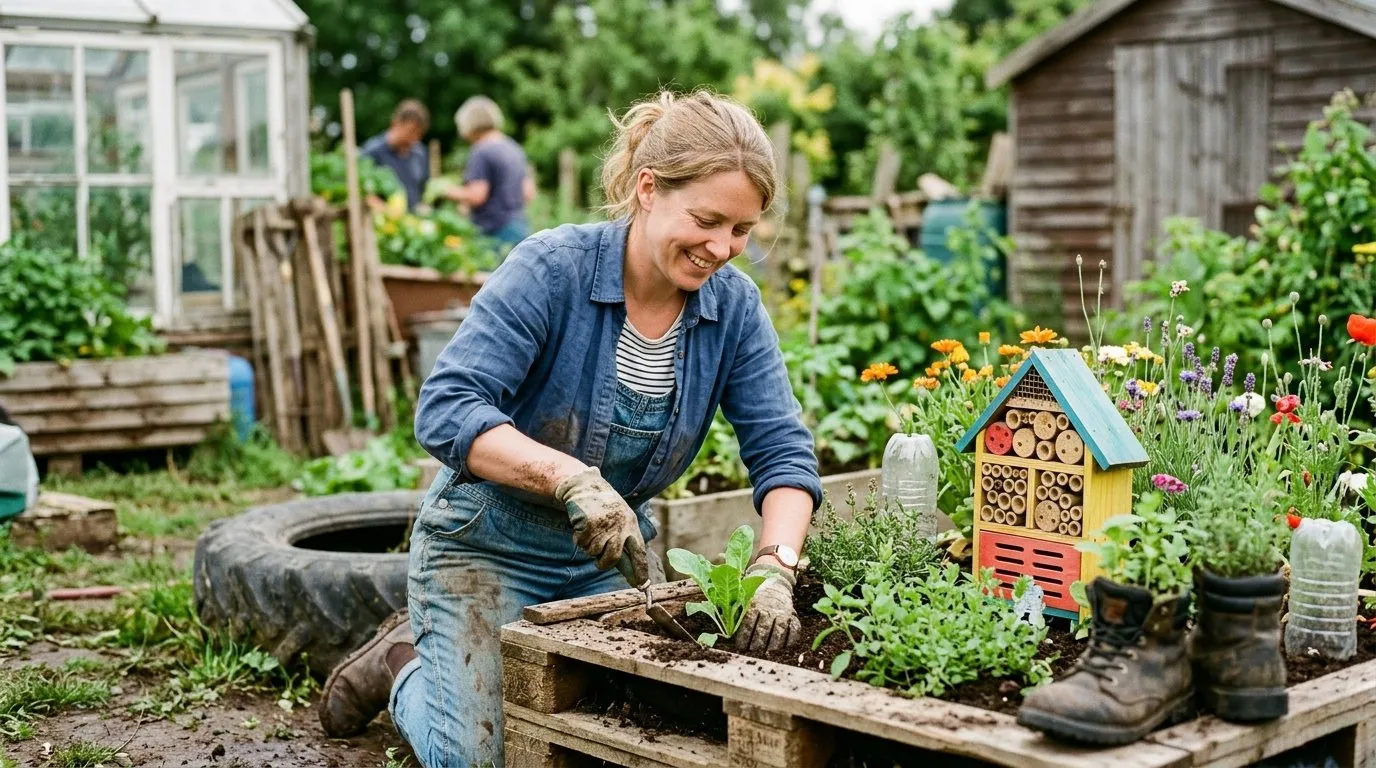 UK gardener working on recycled upcycled garden projects in a real garden setting