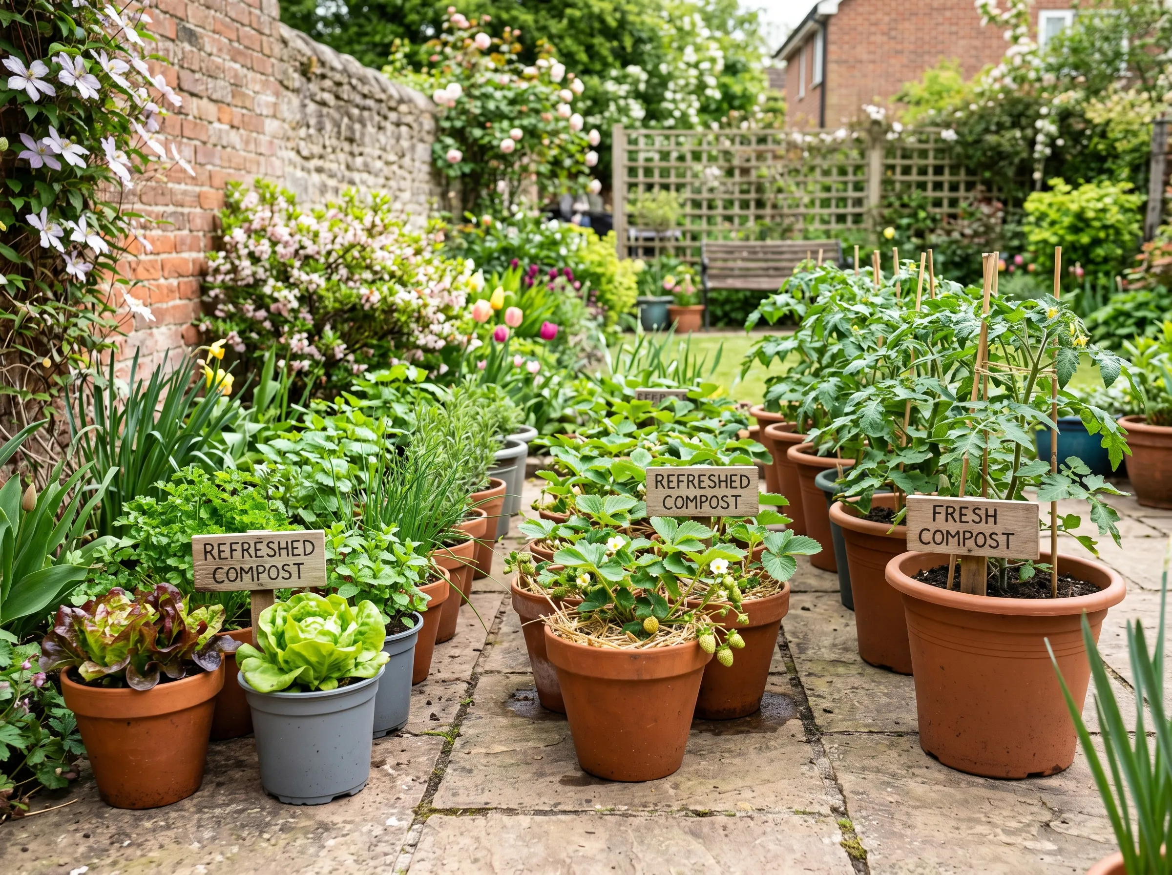 UK patio in spring with three rows of pots planted up - one row of lettuce and herbs in refreshed compost, one row of strawberries in refreshed compost, one row of bush tomatoes in fresh compost, all clearly labelled showing the right-tool-for-the-job approach