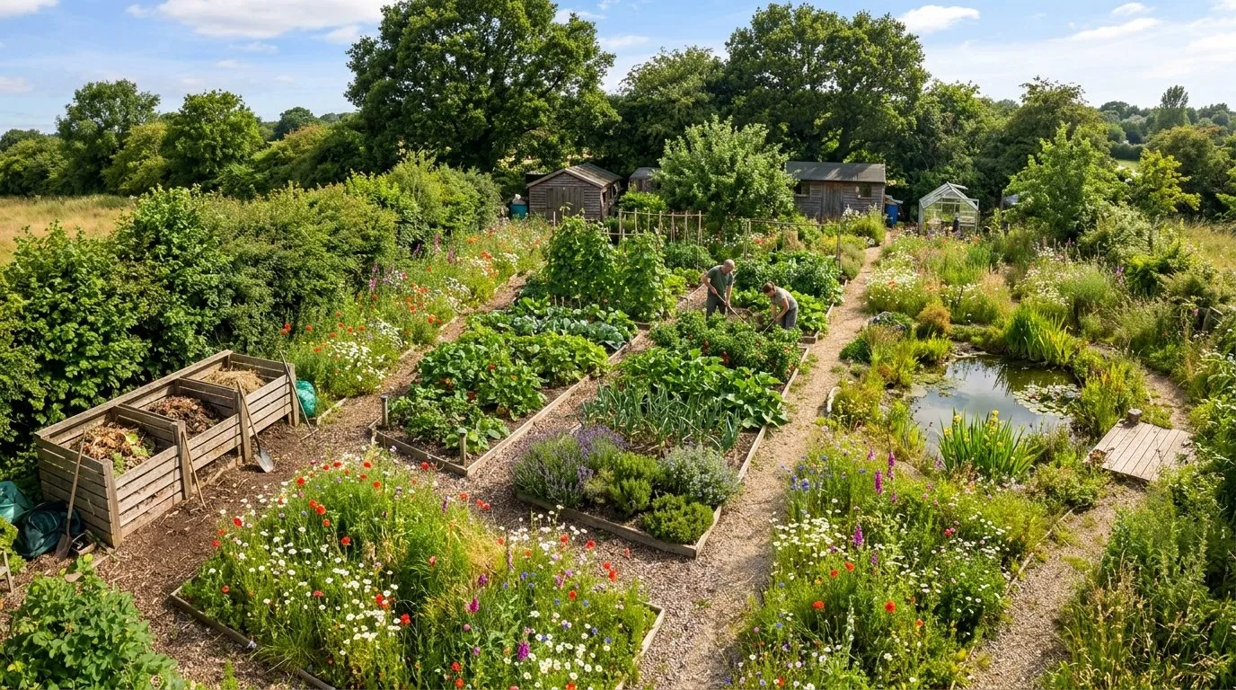 Biodiverse UK regenerative garden with mixed vegetable beds, wildflower strips, compost bay, and wildlife pond