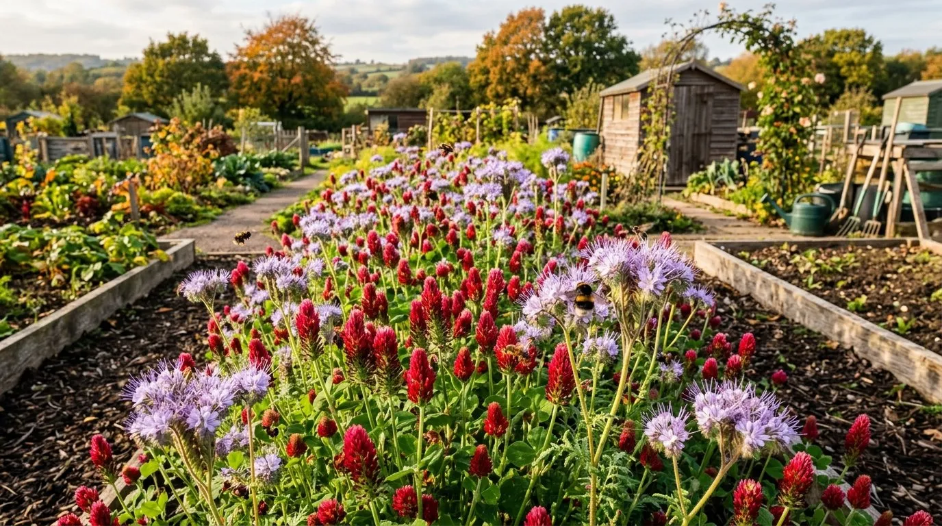 Crimson clover and phacelia regenerative gardening cover crops flowering on a UK allotment bed with bees visiting