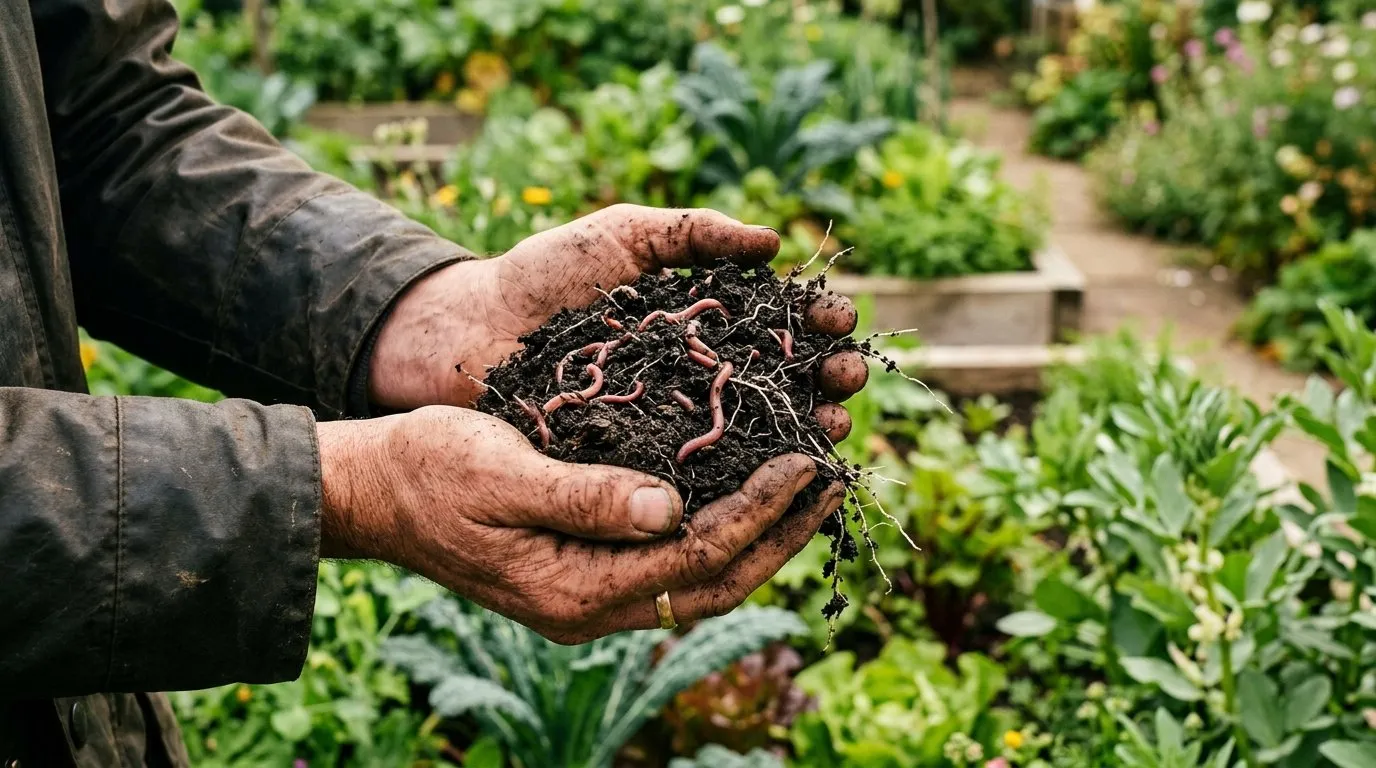 Hands holding dark crumbly soil full of earthworms in a regenerative gardening UK plot