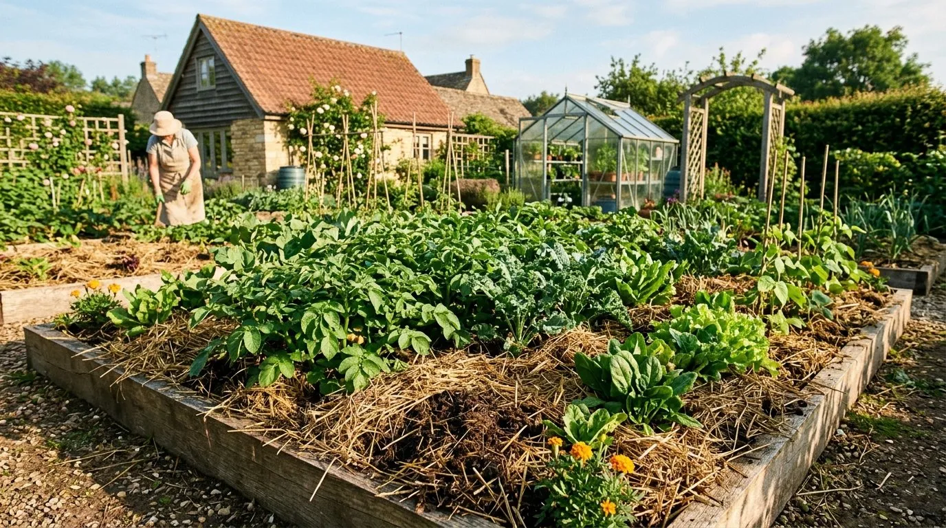 Regenerative gardening mulch layer of straw and compost on a UK kitchen garden vegetable bed with healthy plants growing through