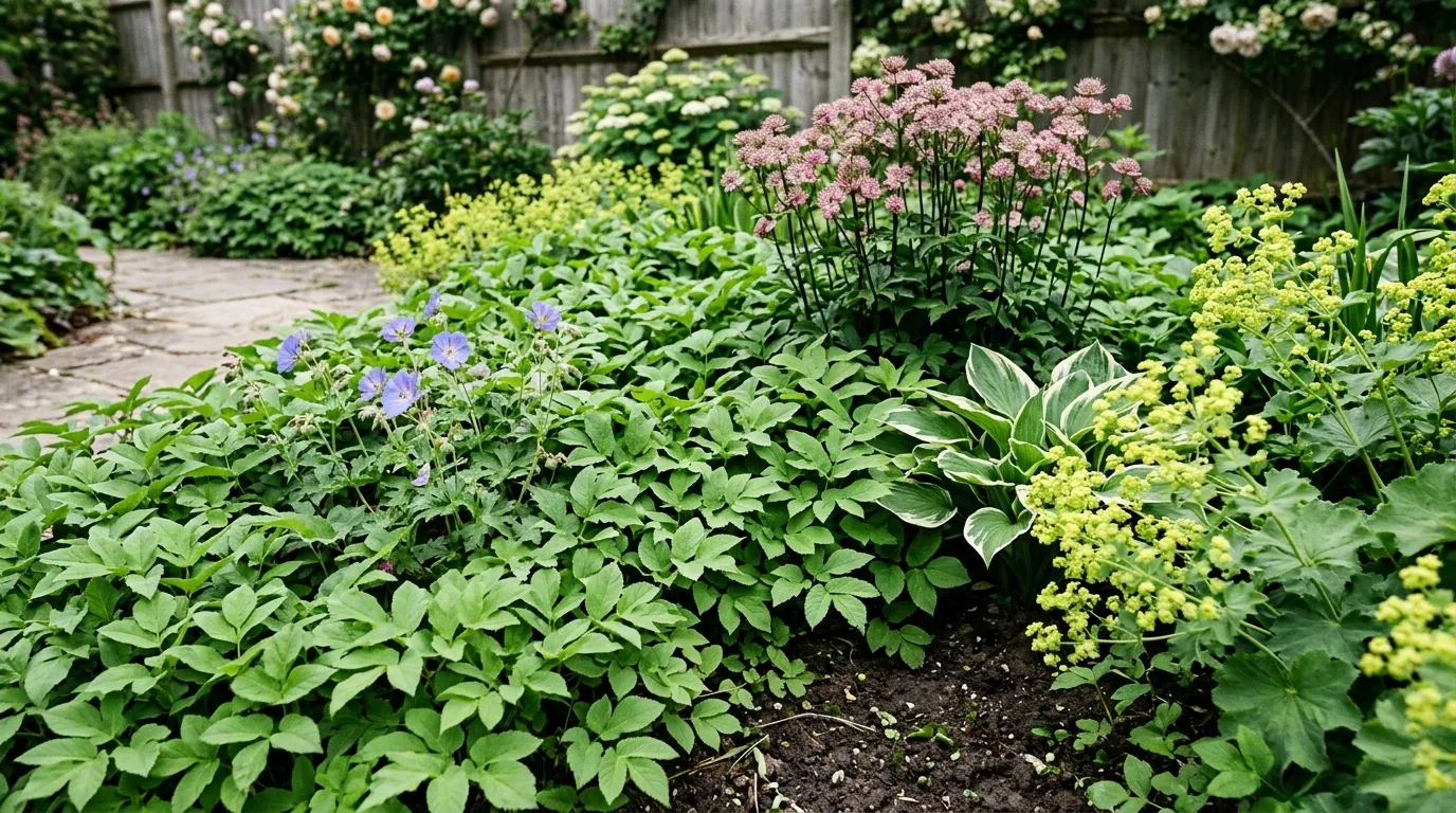 Ground elder spreading through a shaded UK garden border with distinctive bright green leaves and white flower umbels