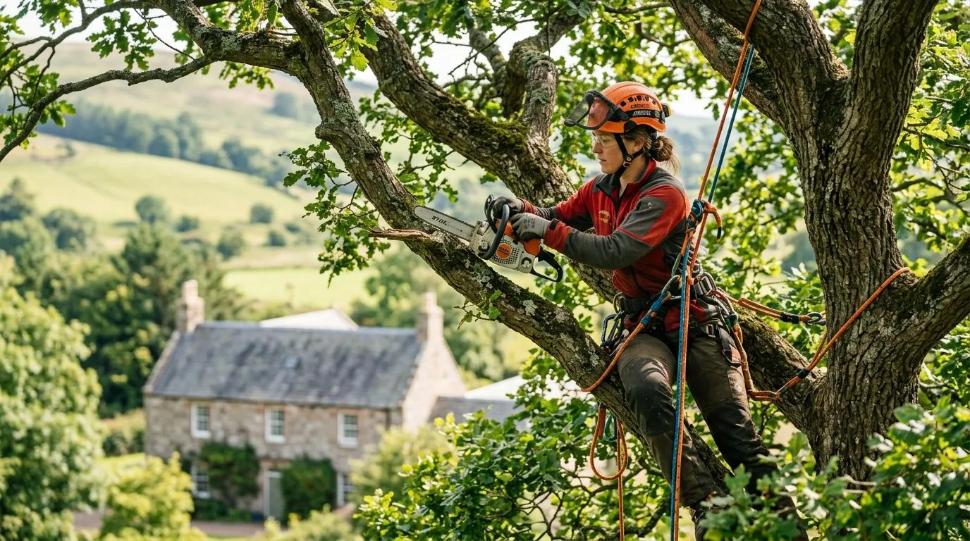 An NPTC-qualified arborist roped into a large oak in a rural Scottish garden